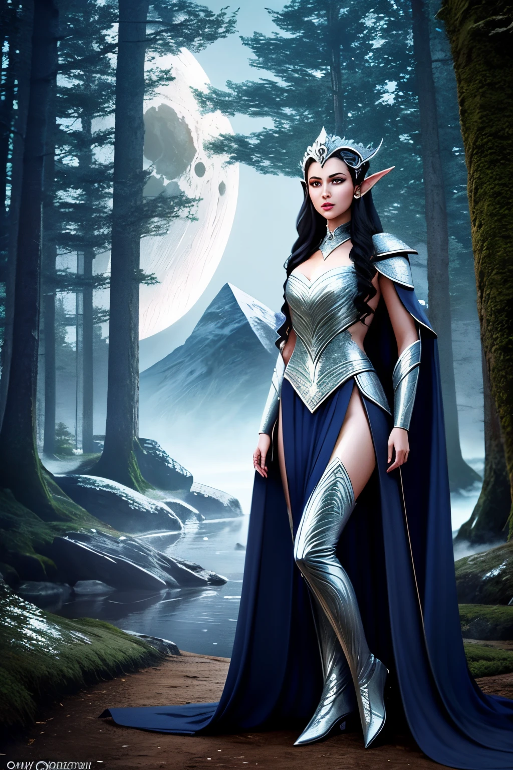 moon elf woman, sexy, light skin, moon, night, dark, beautiful, black hair, blue eyes, white clothing, brightness, hyperrealistic, concept art, medieval, epic, fantasy, princess, queen, forest, mountains, 2.5d cgi