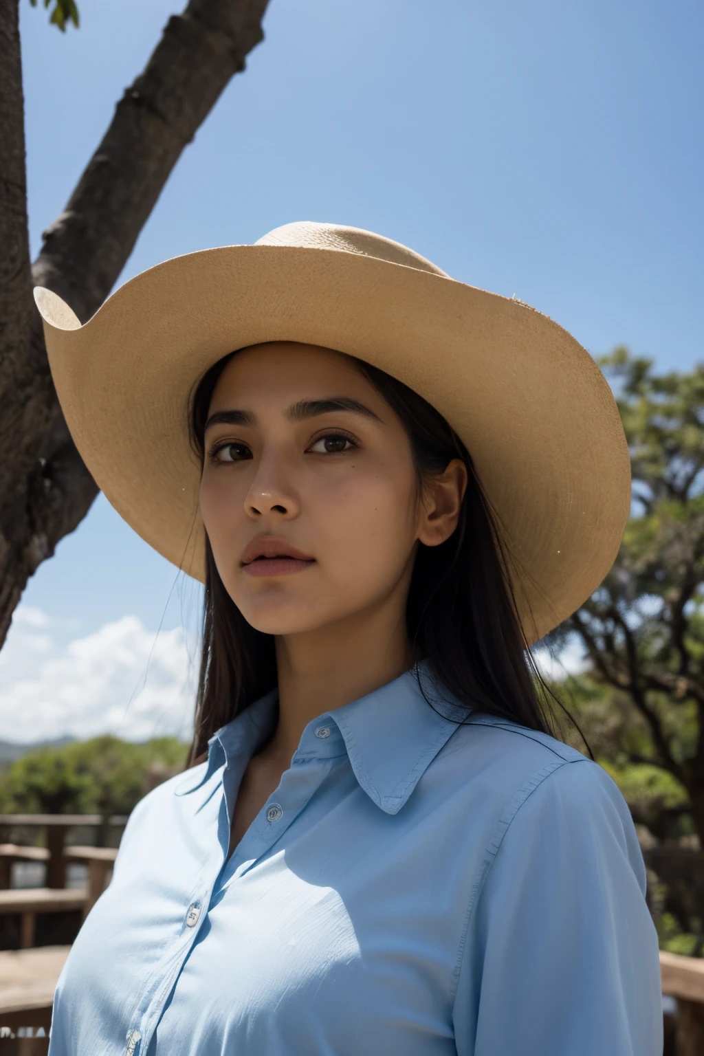 Mujer tailandesa, Mira el visor, Cabello largo, camisa, vaqueros, nube, tag, Cielo,al aire libre, post-apocalipsis, restos, paisaje, tree, Agua,