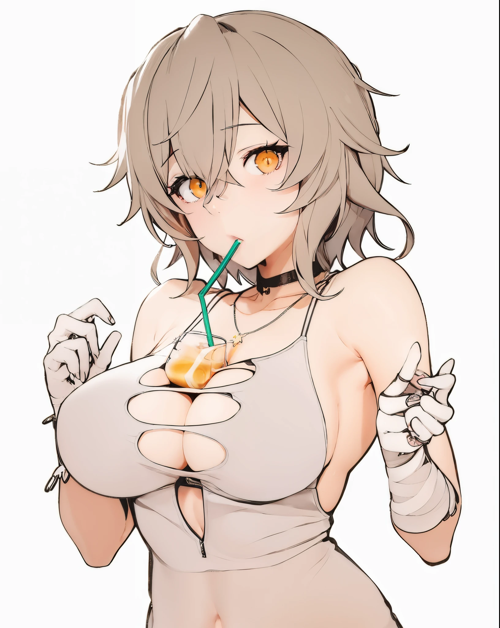 anime girl with a drink in her hand and a bandage on her arm, menina anime sedutora, Neferpitou, com uma bebida, anime girl drinks energy drink, Gapmoe Yander, segurando uma bebida, de meninas da linha de frente, Melhor Anime 4K Konachan Wallpaper, com um canudo, Oppai, , Konachan, Shikami