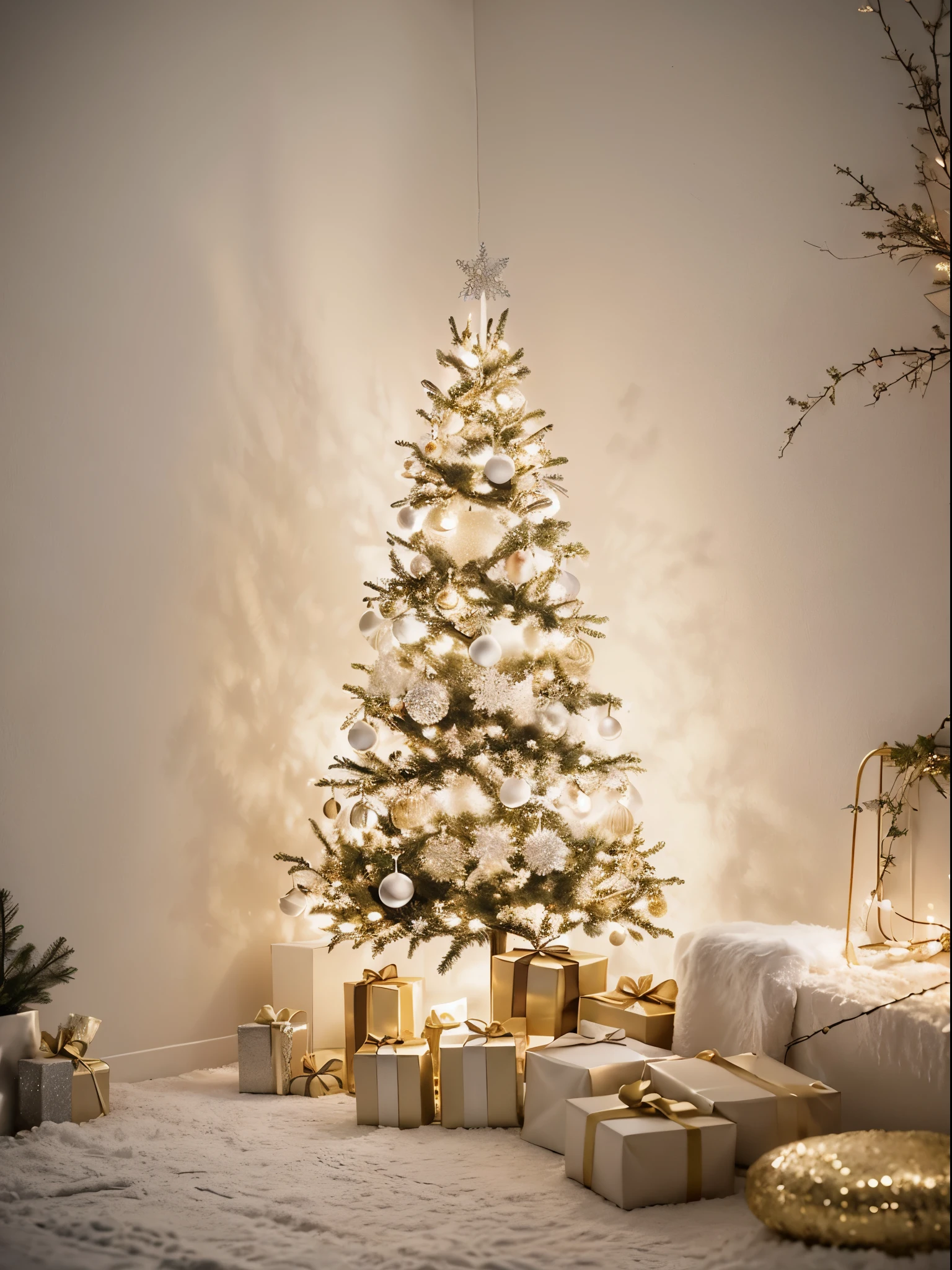 minimalist christmas illustration, clean lines, simple composition, elegant color palette of white, silver, and gold, minimalistic christmas tree, surrounded by presents, delicate snowflake ornaments hanging from the tree branches, soft golden glow from the warm ambient lighting, high-quality 4k resolution, ultra-detailed, realistic style, professional craftsmanship, precise attention to detail, minimalistic typography with a heartfelt holiday message, exquisite paper texture, minimalistic snow-covered landscape in the background, serene and peaceful atmosphere.