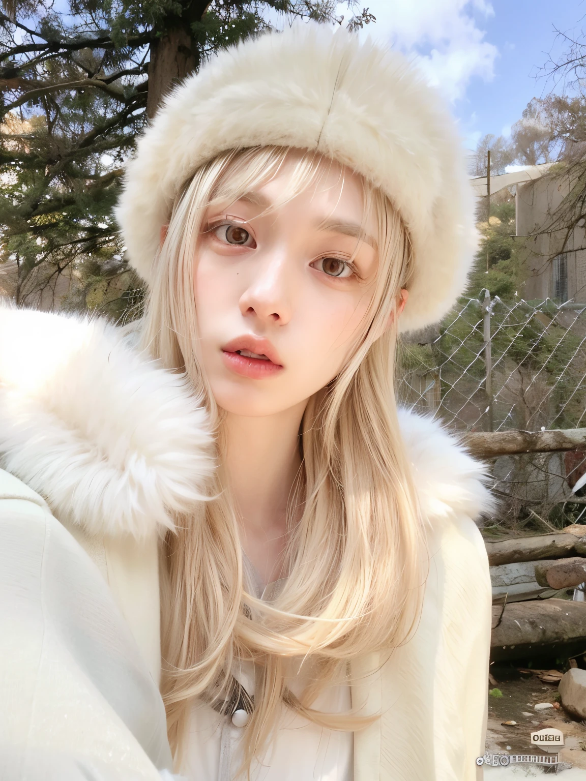 arafed woman with long blonde hair wearing a white coat and a furry hat, ulzzang, lalisa manobal, long blonde hair and big eyes, long blonde hair and large eyes, long white hair and bangs, with white long hair, cute natural anime face, with long white hair, blonde hair and large eyes, pale snow white skin