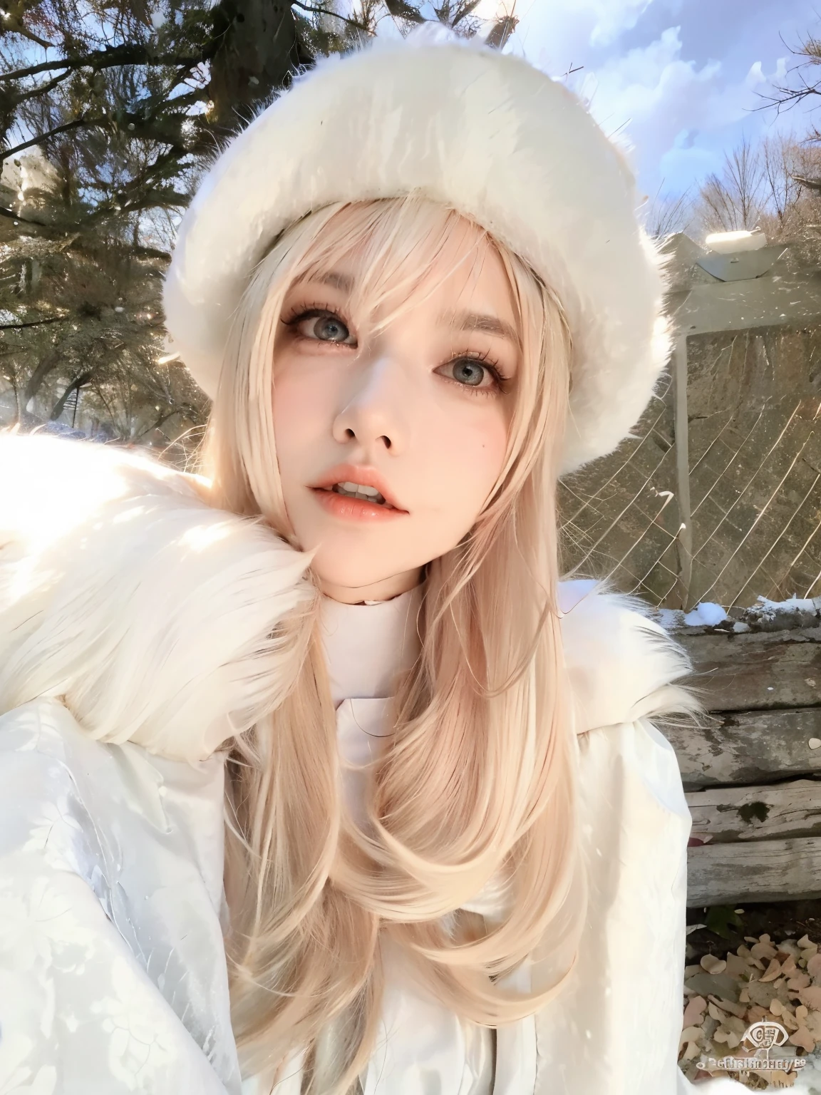 arafed woman with long blonde hair wearing a white coat and a furry hat, ulzzang, lalisa manobal, long blonde hair and big eyes, long blonde hair and large eyes, long white hair and bangs, with white long hair, cute natural anime face, with long white hair, blonde hair and large eyes, pale snow white skin