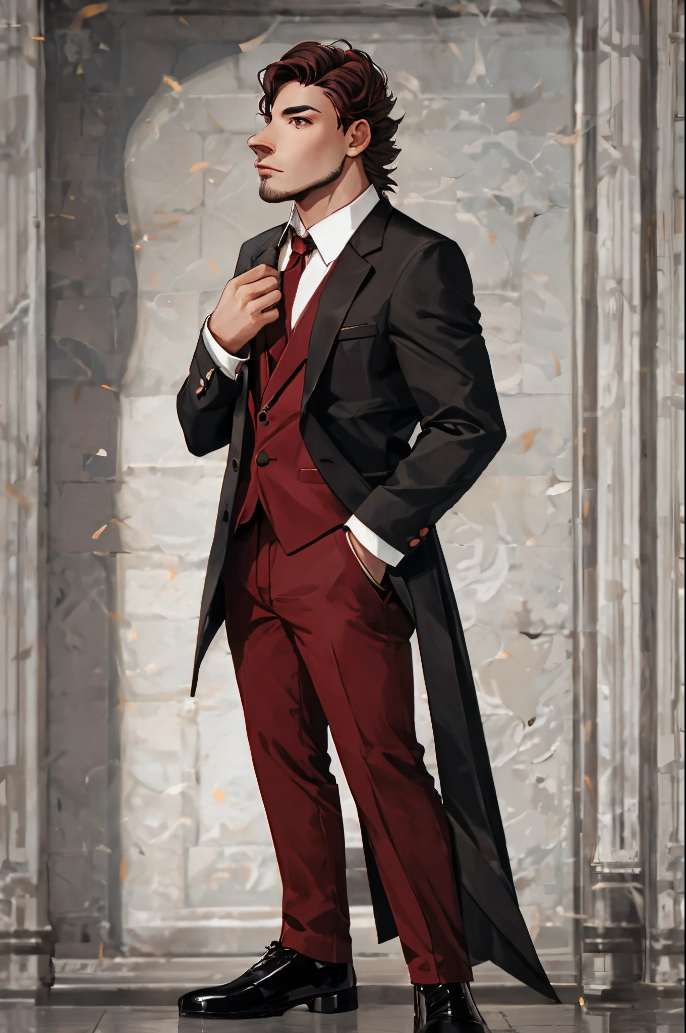 A man wearing a red and black suit