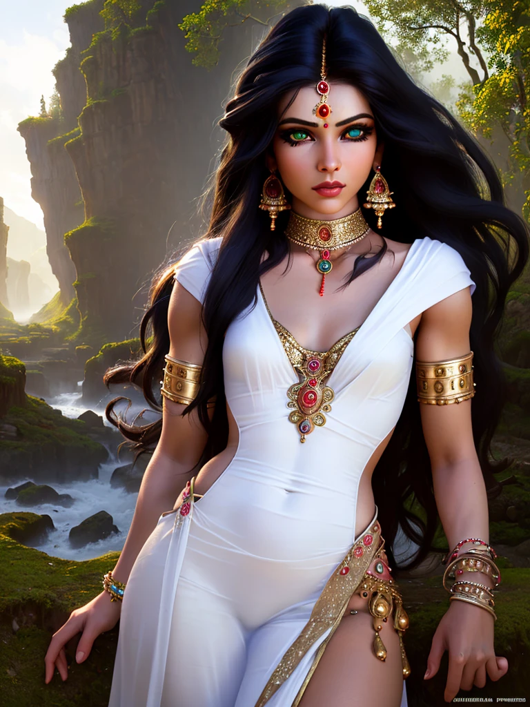 ((realistic:1.5)),((best quality)), ((masterpiece)),((detailed)),
(1girl), (a beautiful female),
(upper body:1.3),super-wide-angle lens,face focus,
mature,sexy,toned muscles,long legs,curvy, barefoot, cleavage,thick thighs,wide hips,
green eyes,long hair,floting hair,long eyelashes,
(detailed face,beautiful eye, detailed pupilss,detailed clothes features, clear background:1.3),
(Bindi,Jhumkas:1.3),
(Dress,Armlet, Haar, Payal,Maang Tikka,Jhumkas,Kamarband,Bangles:1.3),
mysterious ancient ruin, lush forests, deep canyons,bridge,river,cliff,cloud, lakes,rock,waterfalls, flowers, grass, fog,vine,tree, smoke,
best shadow,bright details,sharp,perfect composistion,
Intricate, Sharp focus, dramatic,
(specular lighting:1.3),rim light,
photorealistic painting art,by Frank Frazetta,by Julie Bell,by Olivia De Berardinis,by Luis Royo,by boris vallejo,