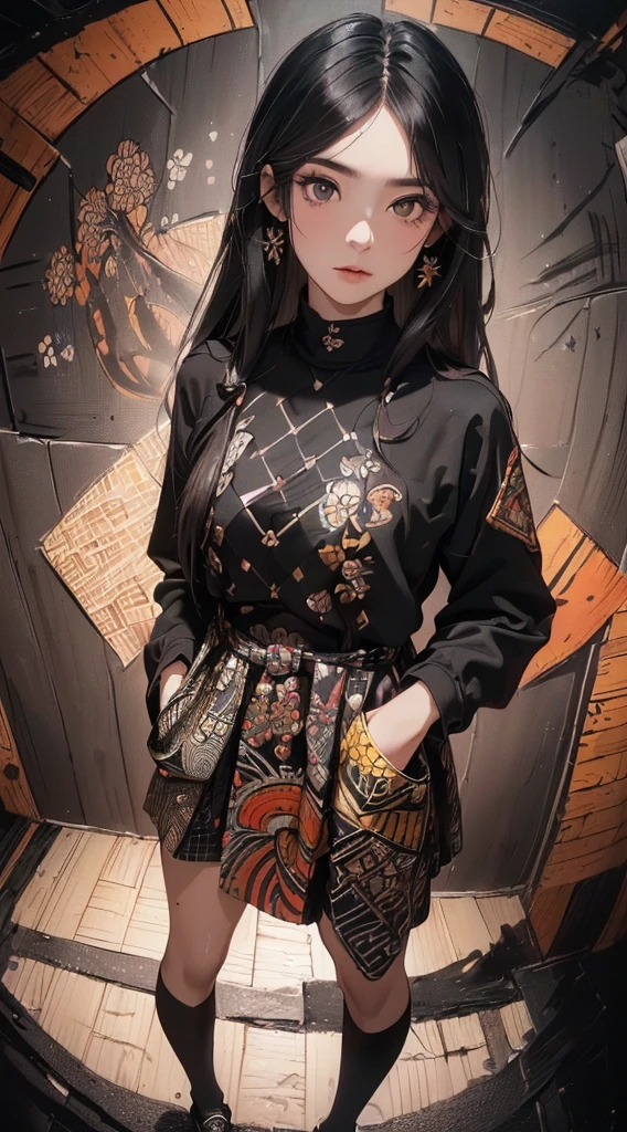 (((8k wallpaper of extremely detailed CG unit:1.2, masterpiece, hight resolution:1.2, top-quality:1.2, masutepiece))), ((a very beautiful woman, Hands in pockets:1.8, Grunge Fashion:1.2, Wearing a duffel coat:1.2, wearing skirt, Wearing shoes)), ((extra detailed face, Highly detailed black eyes, extra detailed body, Top quality real texture skins)), (A dark-haired, length hair, de pele branca, Small:1.2), ((Colorful geometric patterns are painted all over the wall.., Colorful wall)), (high-angle:1.2, Fisheye:1.3), hyper realisitic, digitial painting,
