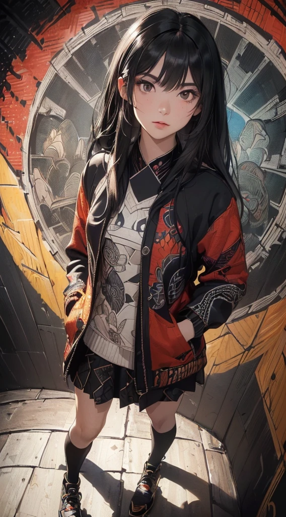 (((8k wallpaper of extremely detailed CG unit:1.2, masterpiece, hight resolution:1.2, top-quality:1.2, masutepiece))), ((a very beautiful woman, Hands in pockets:1.8, Grunge Fashion:1.2, Wearing a duffel coat:1.2, wearing skirt, Wearing shoes)), ((extra detailed face, Highly detailed black eyes, extra detailed body, Top quality real texture skins)), (A dark-haired, length hair, de pele branca, Small:1.2), ((Colorful geometric patterns are painted all over the wall.., Colorful wall)), (high-angle:1.2, Fisheye:1.3), hyper realisitic, digitial painting,