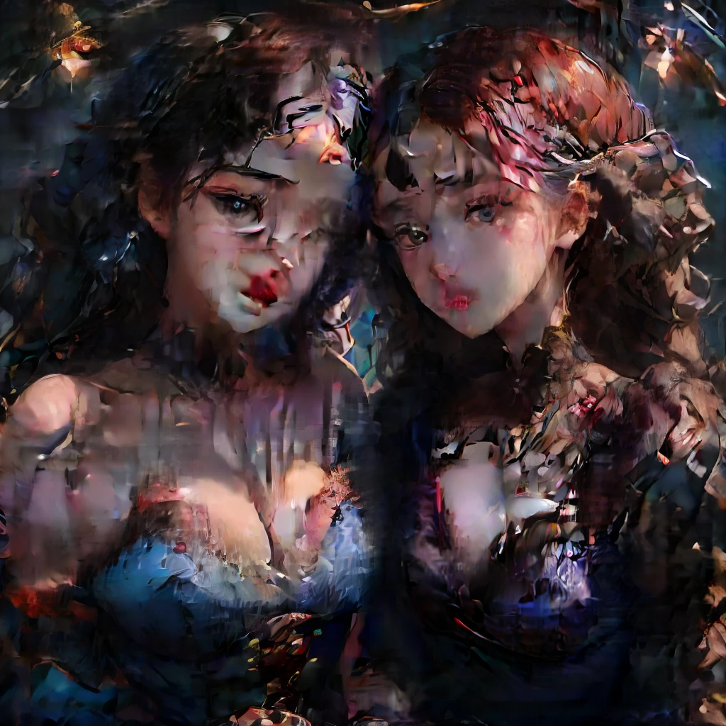 Twin sisters, the one on the right with Long jet black hair adorned with braids, light blue eyes, pale skin, red blushing cheeks, cobalt blue dress with lots of tulle, red and yellow flowers, the one on the left with vibrant and fiery long curly rose red hair, light blue eyes, pale skin, red blushing cheeks, red dress, roses, princesses, HD, ethereal, pretty, beautiful, Victorian era