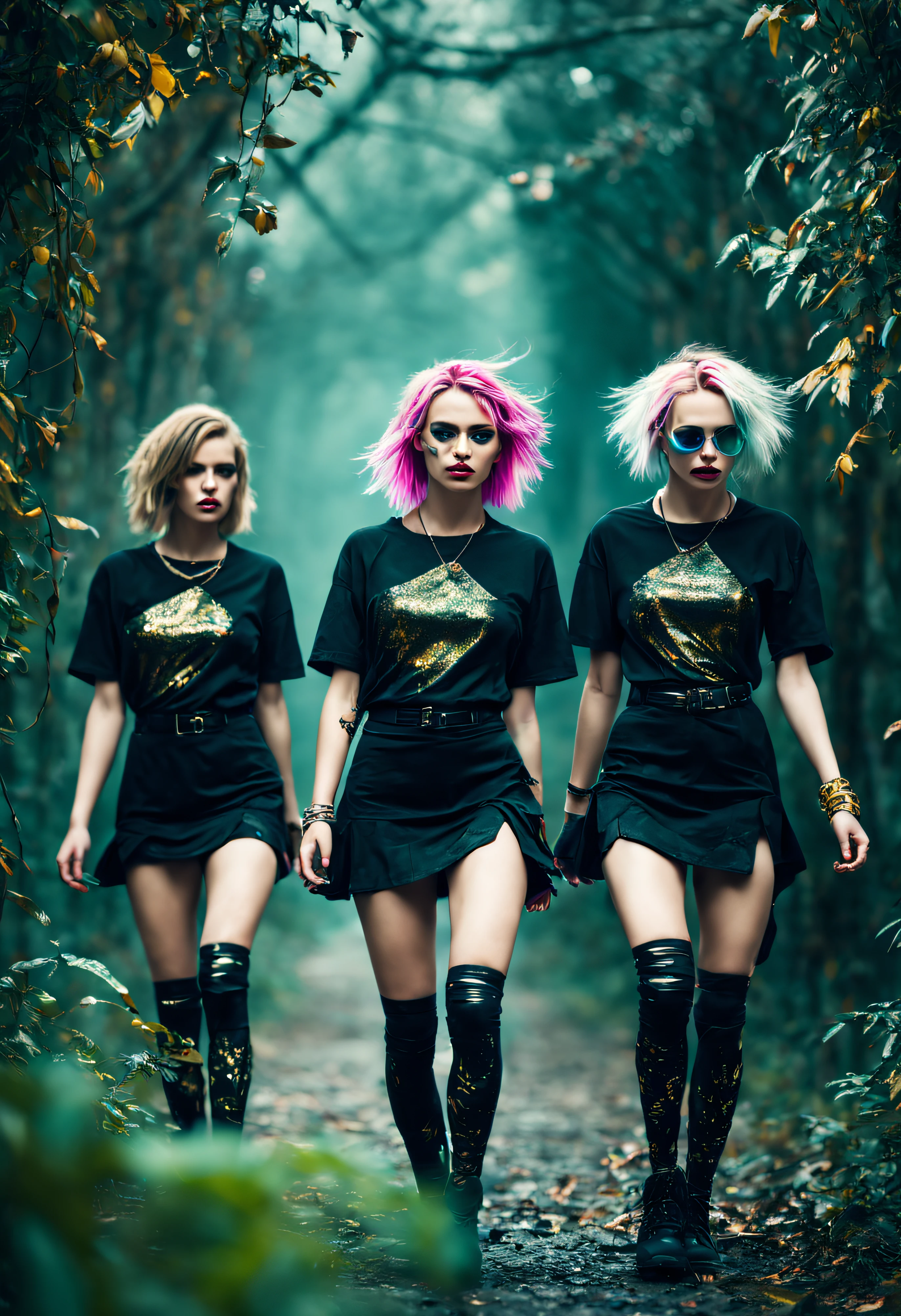 stylized by Matthias Haker, photography art, Raw digital photo, knee level shot of a Aggressive Divine slim Futuristic (a group of girls:1.3) , and the genre is glitch crying, Walking down a foliage, they are dressed in Modern European Ink Painting fashion style-outfit, Gold hair, Auroracore Romanian Neon Anklet, Incredibly Detailed Funafuti in background, at Twilight, Bokeh, Maximalist, Sci-Fi, Magewave, key light, Orton effect, film camera, macro lens, Muted Colors