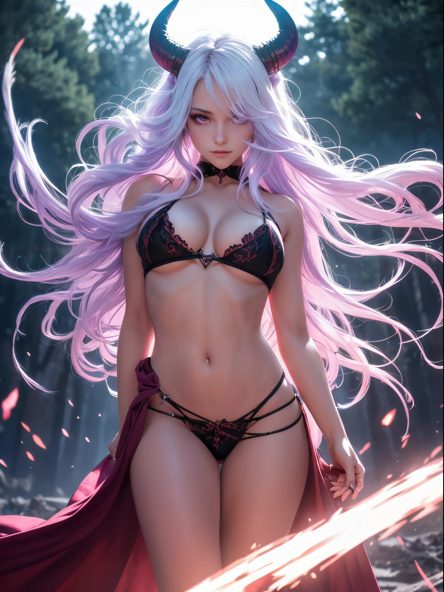 A demon girl with a satisfied face, long curly hair, white hair, well-detailed violet eyes, primordial demon, long horns, perfect white robes that show her thighs, small breasts, thick legs, big ass, full body, black background with blood oozing and flying red hummingbirds, {extremely detailed 16k CG unit wallpaper}, expansive landscape photography, (a low view with focus on character and setting), (wide view of open field), (shot in low angle), (high light: 1.6), (low light: 1.4), (warm light source: 1.0), complex details, (iridescent colors: 1.2), (bright lighting), (atmospheric lighting), dreamy, unique ,