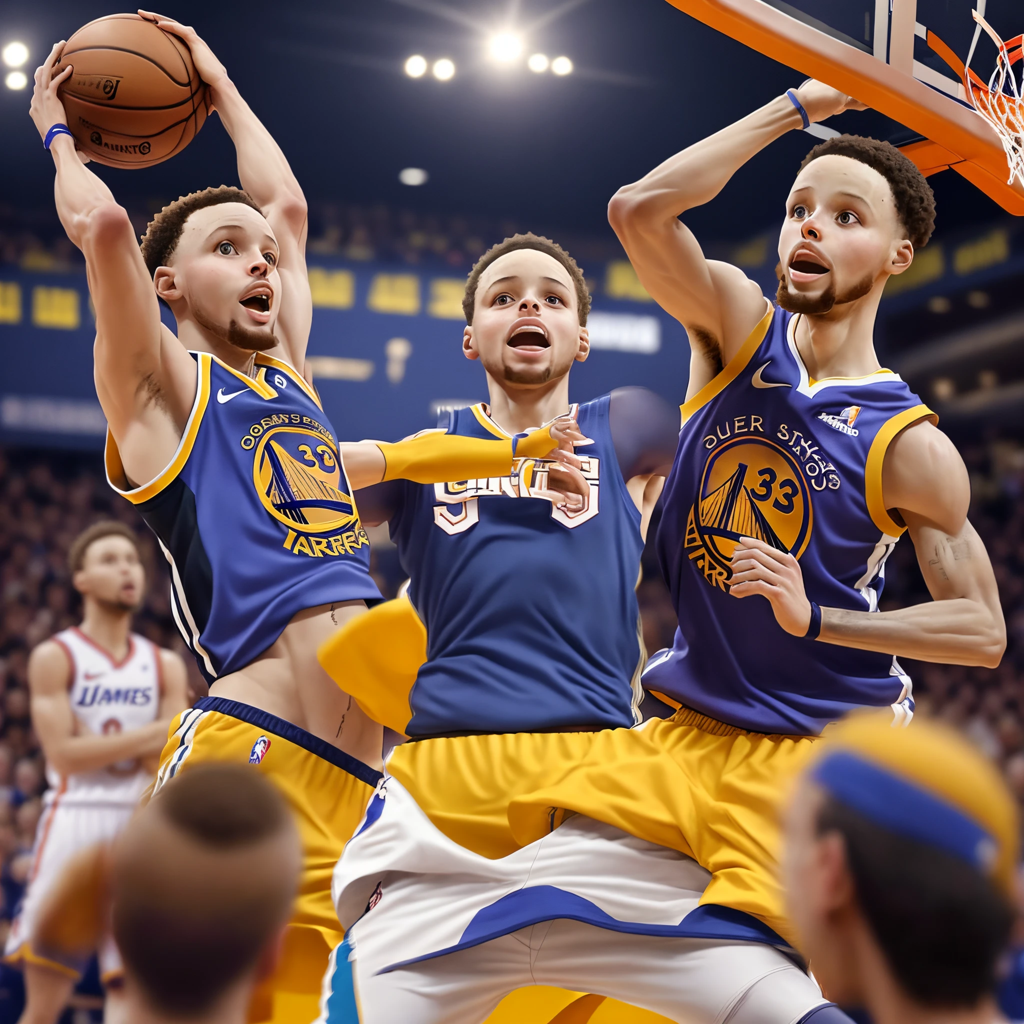 imagine stephen curry danda uma enterrada em uma partida de basquete em cima de lebron james