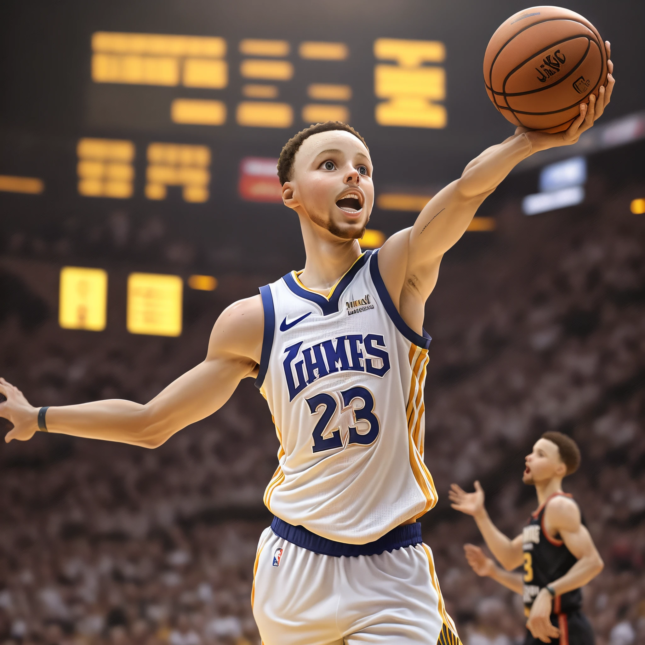 imagine stephen curry danda uma enterrada em uma partida de basquete em cima de lebron james
