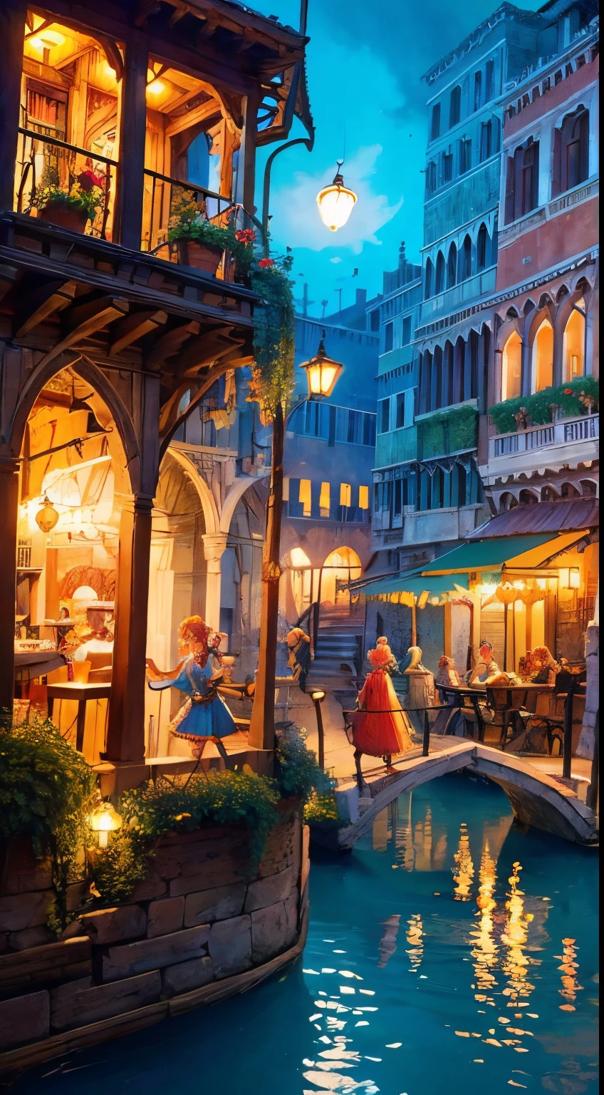 Isometric: Some beautiful tinkerbells, tiny kobolds in a bustling medieval marketplace in a lagoon lane, illuminated by the warm glow of the open hearth and the spinning skewer of freshly cooked treats. In Venice. Moonlit. Vivid colors. Lush. In the style of Josephine Wall and Boris Vallejo.
