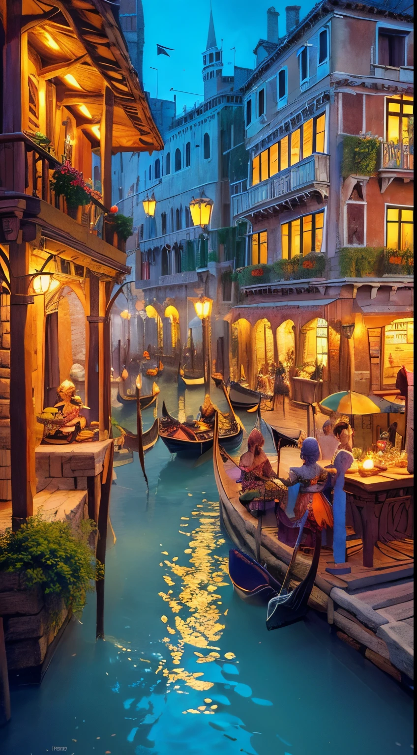 Isometric: Some beautiful tinkerbells, tiny kobolds in a bustling medieval marketplace in a lagoon lane, illuminated by the warm glow of the open hearth and the spinning skewer of freshly cooked treats. In Venice. Moonlit. Vivid colors. Lush. In the style of Josephine Wall and Boris Vallejo.