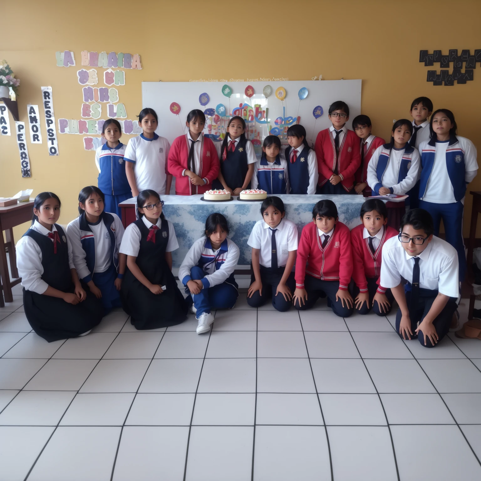 There are many children posing for a photo in a classroom, Escuela Quito, Clase escolar, birthday party, Celebrating the birthdays of half the class, Quechua!!, by Jesús Mari Lazkano, Happy birthday, Por Reyna Rochin, mesa, hight decorated, por David Ruby, celebrating a birthday, Quechua!, y 3, Y3