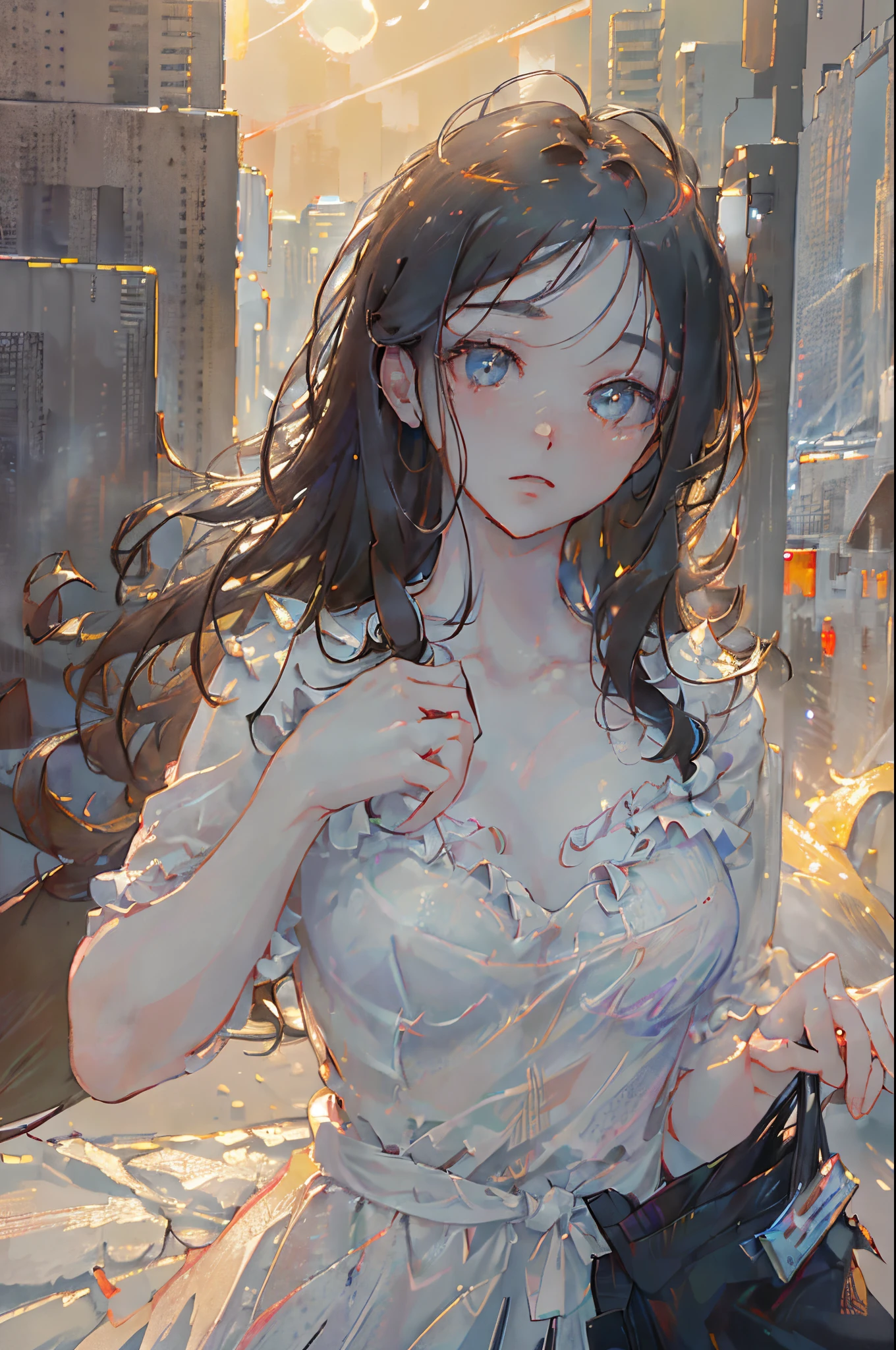 A girl holding a camera, mix4,(8k, RAW photo, best quality, masterpiece:1.2), (realistic, photo-realistic:1.37),1girl,cute,cityscape, night, rain, wet, professional lighting, photon mapping, radiosity, Physically-based rendering, gradient brunette hair, short curly hair, handsome, girly, white ball set, superb picture quality, high resolution, 1080p, (clear face), (detailed face description), (detailed hand description), (masterpiece), (exquisite CG), extreme light and shadow, messy hair, masterpiece, rich detail, (exquisite facial features), (highest image quality), (masterpiece), (detailed eyes), look forward to your eyes, delicate collarbone