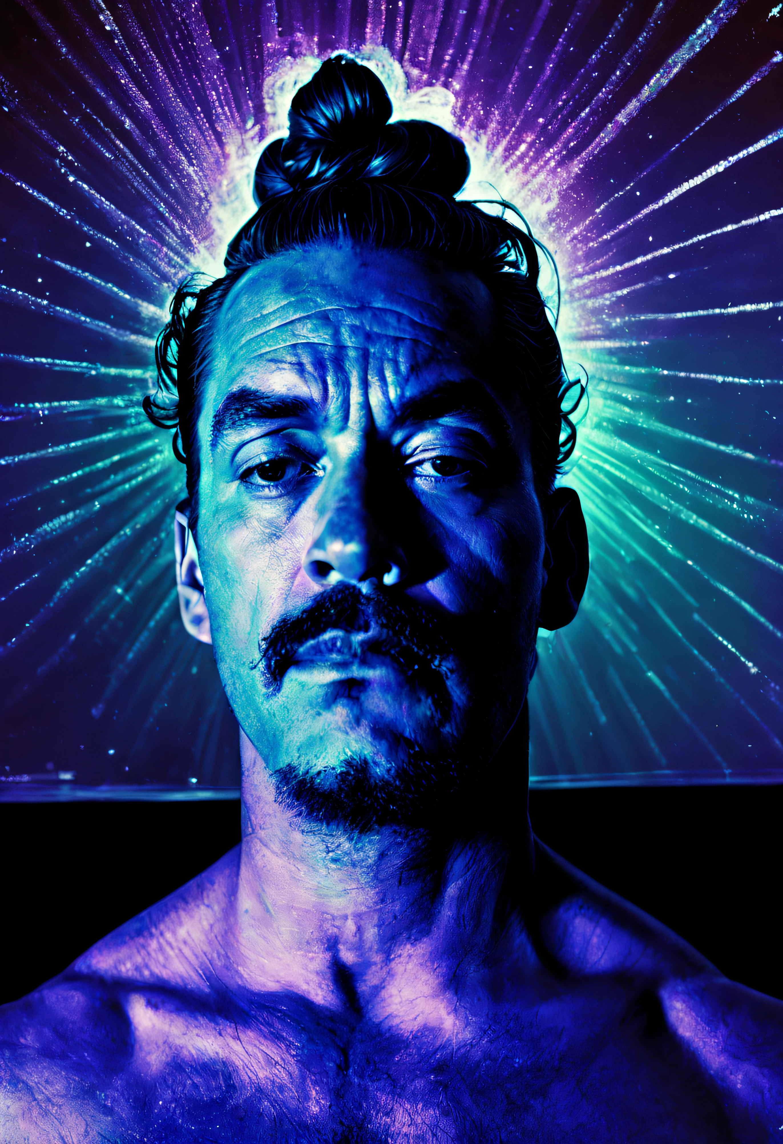 Solargraph of a Dreamlike hefty Sardinian (Husband:1.3) fashion modeling pose in a Spa, he is surrounded by Billhooks, very disappointed, his face is a combination of Martin Luther King Jr. and Scott Speedman, Martin Luther King Jr. has Top knot hair, Japonism Art Rasta dark violet Samurai Mask, Stars in the sky, deep focus, detailed, masterpiece, Awe, Psychobilly, dramatic lighting, F/2.8, anaglyph effect