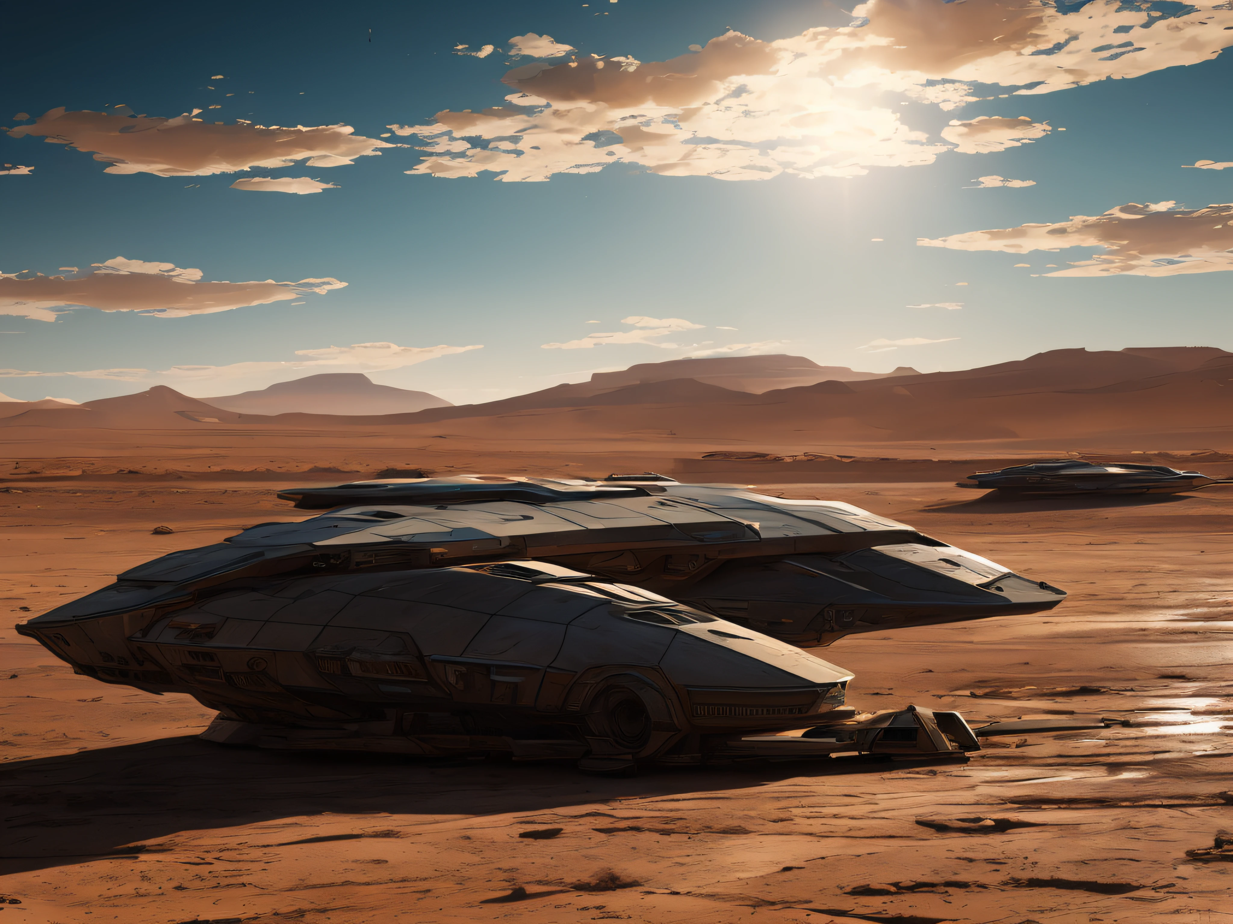 spaceships and vehicles in a desert area with a man standing in front of them, spaceship in a dry river bed, landed spaceship in background, science fiction concept art, alien space ships, derelict space ship, spaceship concept art, ufo landing, sci fi concept art, sci - fi concept art, sci-fi concept art, spaceship from the movie dune