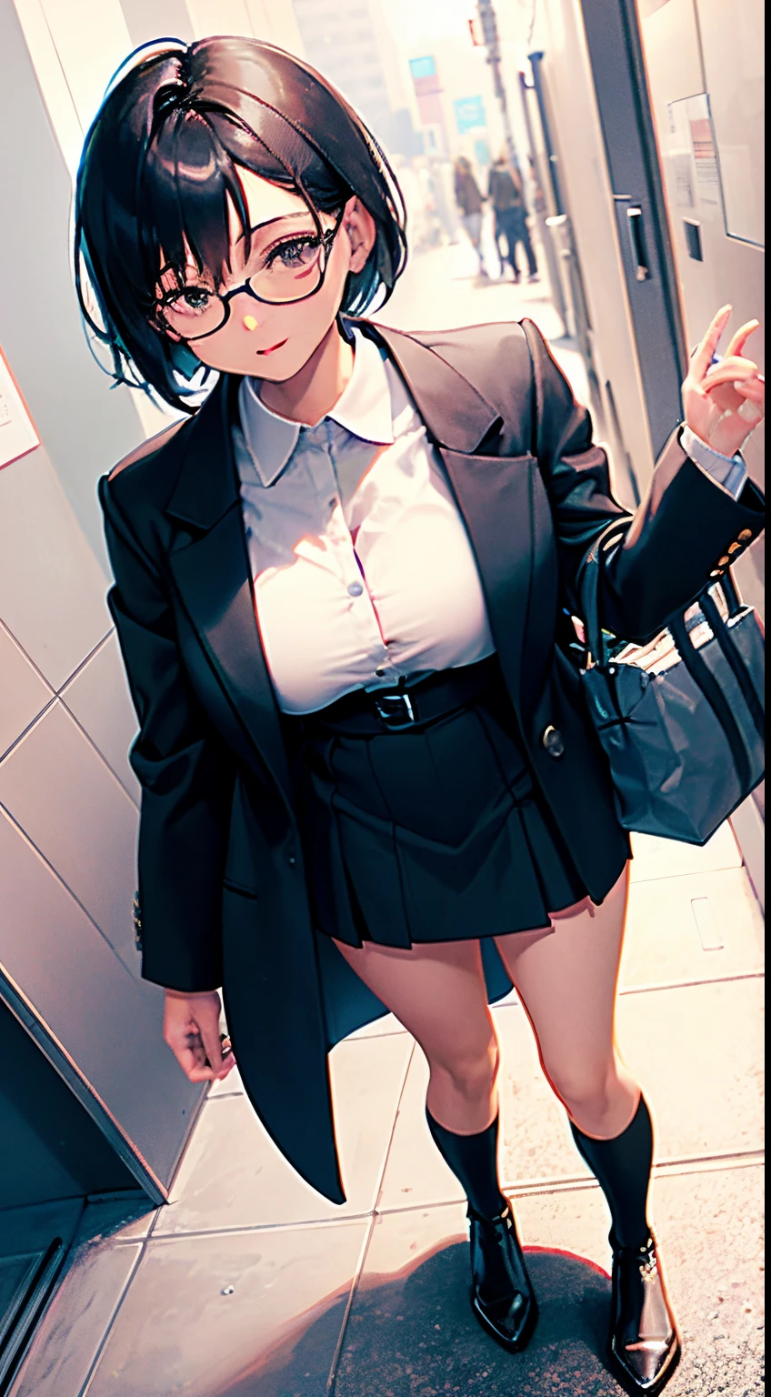 1 female 30-year-old, Black eyes, A MILF, Female Teacher, Detailed full body image of glasses, Short black hair, Curious face, White teacher shirt, black teacher mini skirt,Long boots in beige、Black Teacher Jacket, Holding a bag, Walking, Classroom corridor, Extremely detailed, Best graphics, 8K, ultrasharp, masutepiece