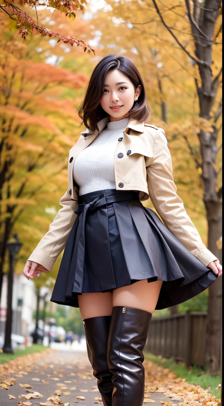 Best-quality, Masterpiece, Ultra-High-Resolution, (Photorealistic:1.4), Raw-Photo, Extremely-Details, Perfect-Anatomy, 

1girl, the most famous Japanese model, standing on street with autumn leaves and trees, fullbody-shot, from below, looking at viewer, beautiful smile, wearing trench short coat and white blouse with frills and pleated miniskirt and knee high boots, extremely beautiful face like a most popular Japanese model, extremely beautiful big black solid circle eyes, extremely beautiful hair, extremely beautiful realistic skins, excitement beautiful breasts, detailed trench short coat, detailed white blouse with frills, detailed pleated miniskirt, detailed knee-high-boots