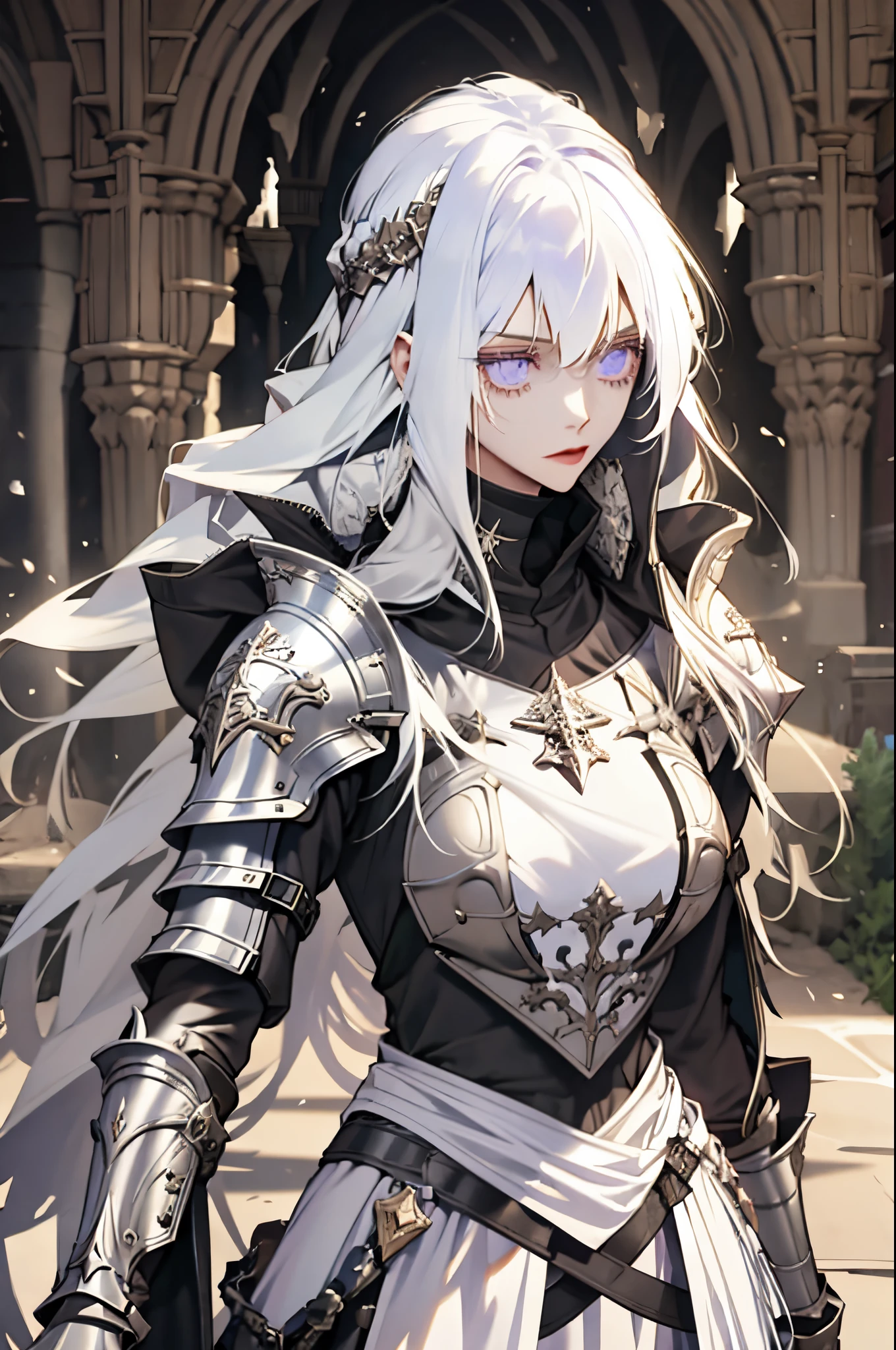 1 girl, long white hair, lavender eyes, beautiful , intelligence, slender body, calm, princess, mastermind strategist, wearing a black armored dress, breast armor, medieval fantasy, in a castle