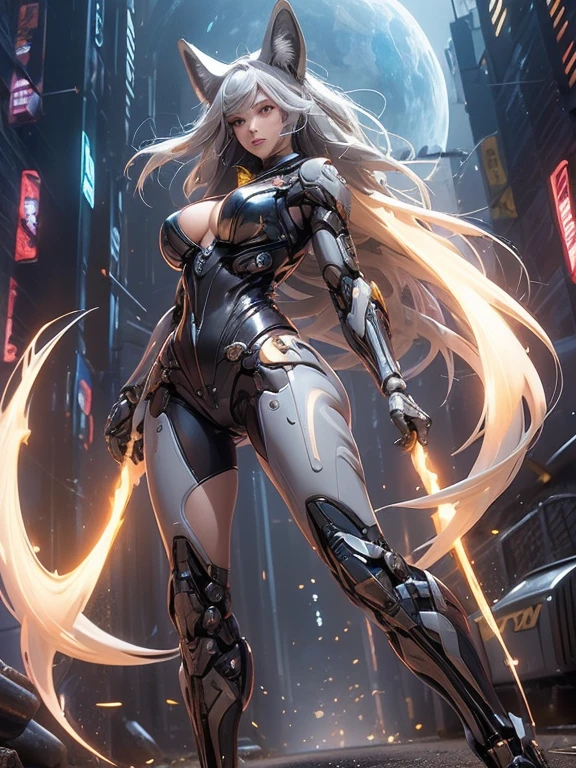 (masterpiece), (best quality:1.4), (perfect anatomy:1.4), high quality, expressive eyes, full body, tall girl, detailed face, beautiful face, perfect face, breasts, cleavage, gloves, huge breasts, cyberpunk, (black armor), long hair, ((tanned skin)), straight hair, detailed (ash gray hair), detailed eyes, (yellow eyes), fox ears, fox tail, hourglass physique, bodysuit, thick thighs, toned, emblem, superhero, dynamic lighting, 4k resolution, dynamic pose, cover, mecha musume, fortified suit, mechanical parts, headgear, robot joints, bodysuit, deva battle suit, glove