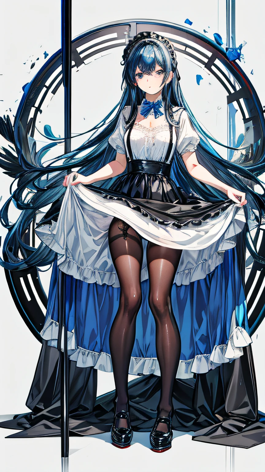 maid,black dress,straight hair,blue hair,long hair,(suspenders),C cup,(white pantyhose),leather shoes,bow tie,stance,blue eyes, disgusted expression,indifferent (lift hem),(expose lace underpants) perfect anatomy, white background, (full body)