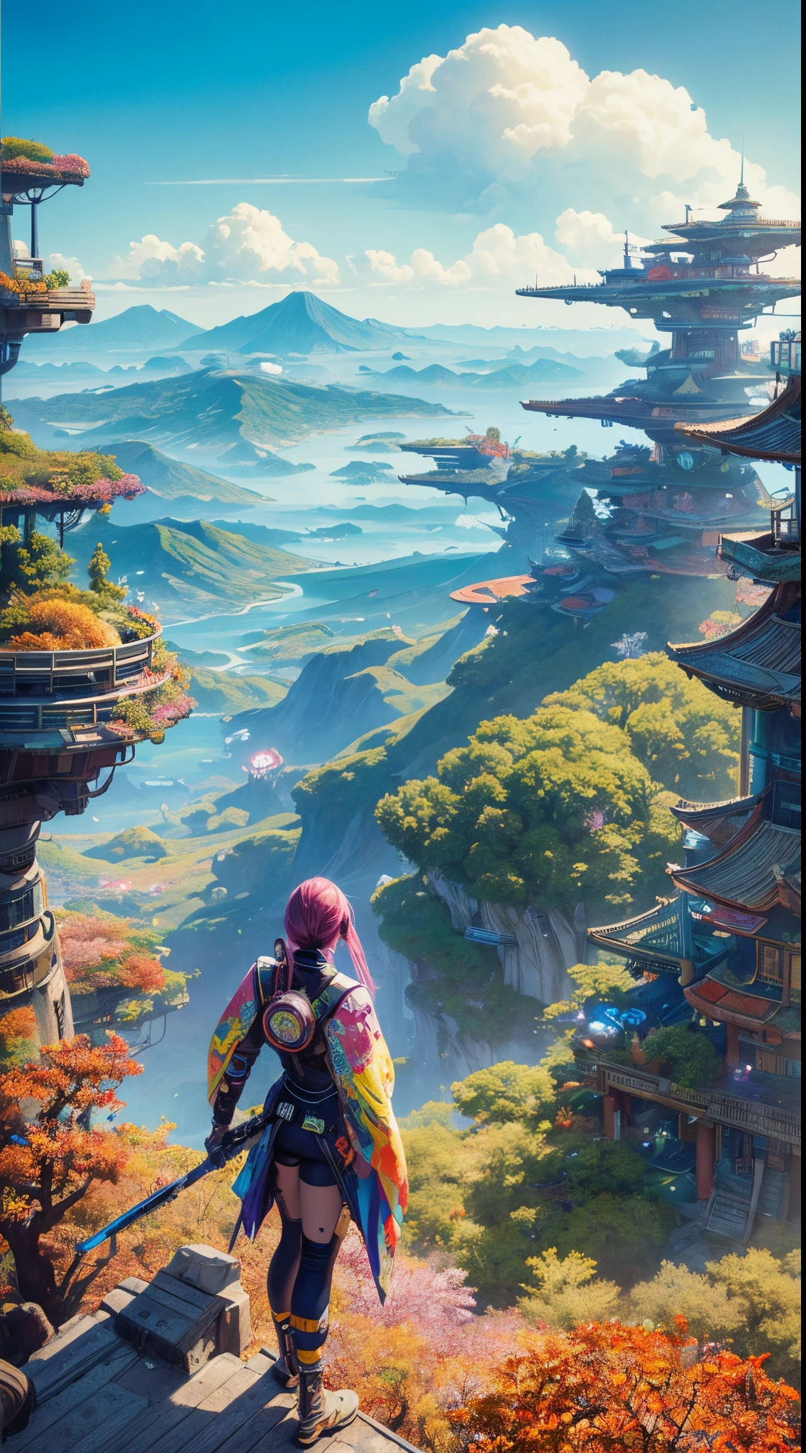 Retro Cyberpunk scape,futuristic fantasy,Panoramic distant view,fantasic motives,SF,watercolor,inspired by Kaynielsen and Moebius and manabu ikeda and hokusai,ultimate detailed background,2 persons,vivid colourful tone,Cyborgs,aerial,nature,woods,water,Flowers,dystopia,Utopia,Autumn color