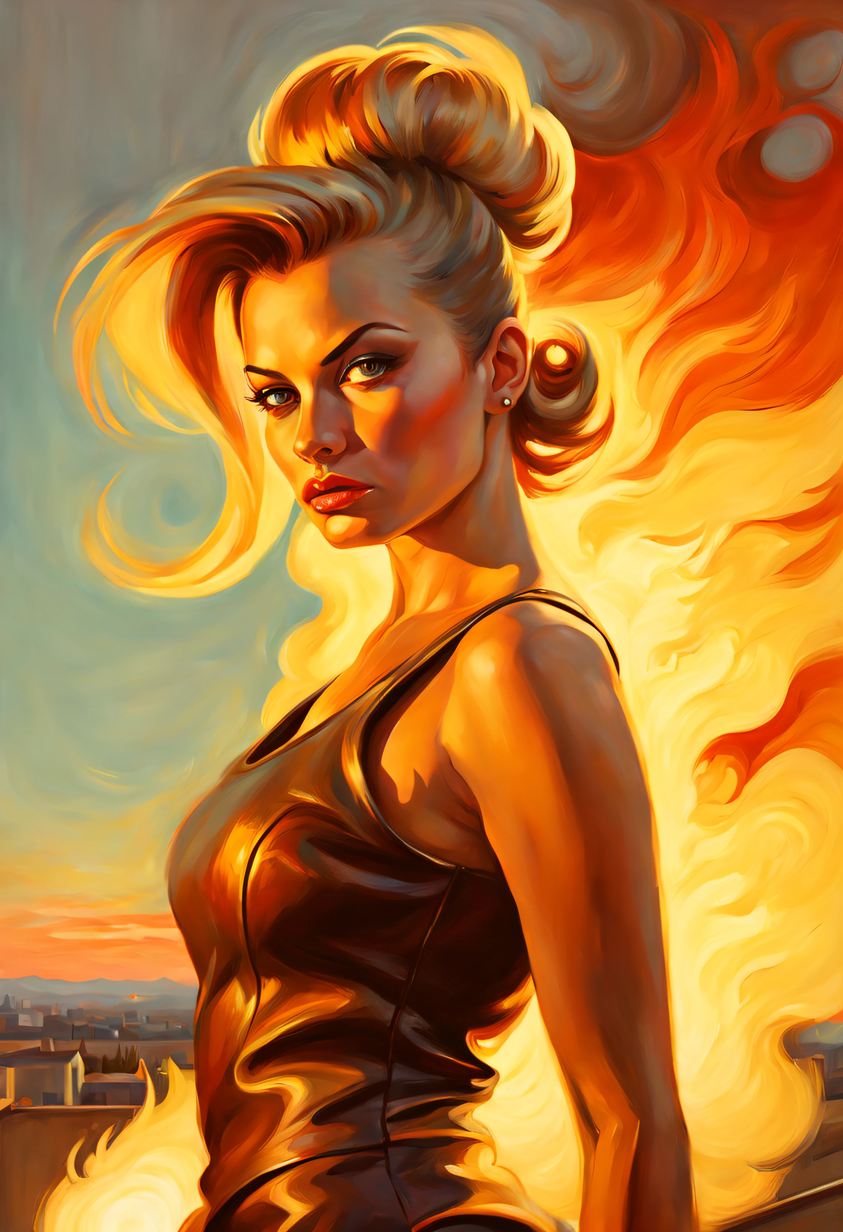 Oil painting, Cartoon of a Sensual athletic Slovak (Woman:1.3) Fire mage, she is feeling very insecure, she is wearing a 1960s mod fashion, The 1960s mod fashion is tailored by Ralph Lauren, Leaning forward, Fauxhawk hairstyle, Voluminous hair, at Sunset, horizon-centered, Crystal Cubism, dramatic lighting, Sepia filter, [art by Paul Lehr, (Bruno Catalano:0.7) ::2]