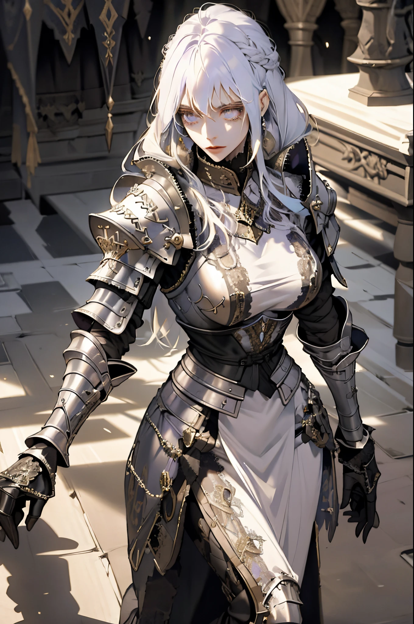 1 female,long white hair,lavender eyes,beautiful,intelligent,slender body,calm,princess,mastermind strategist,wearing a black armored dress,breast armor,medieval fantasy,in a castle,portrait,realistic,highres,(vibrant colors,rich hues),(soft lighting,subtle shadows),(intricate details),(fine textures)