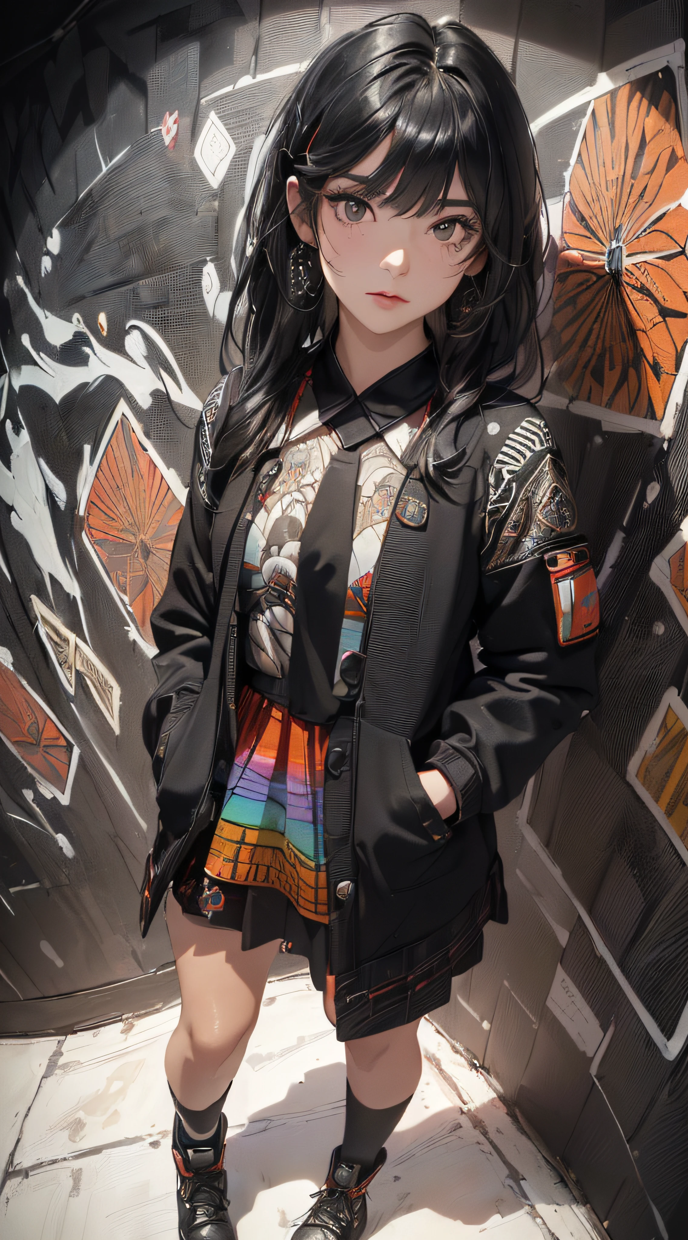 (((8k wallpaper of extremely detailed CG unit:1.2, masterpiece, hight resolution:1.2, top-quality:1.2, masutepiece))), ((a very beautiful woman, Hands in pockets:1.8, Grunge Fashion:1.2, Wearing a duffel coat:1.2, wearing skirt, Wearing shoes)), ((extra detailed face, Highly detailed black eyes, extra detailed body, Top quality real texture skins)), (A dark-haired, length hair, de pele branca, Small:1.2), ((Colorful geometric patterns are painted all over the wall.., Colorful wall)), (high-angle:1.2, Fisheye:1.3), hyper realisitic, digitial painting,