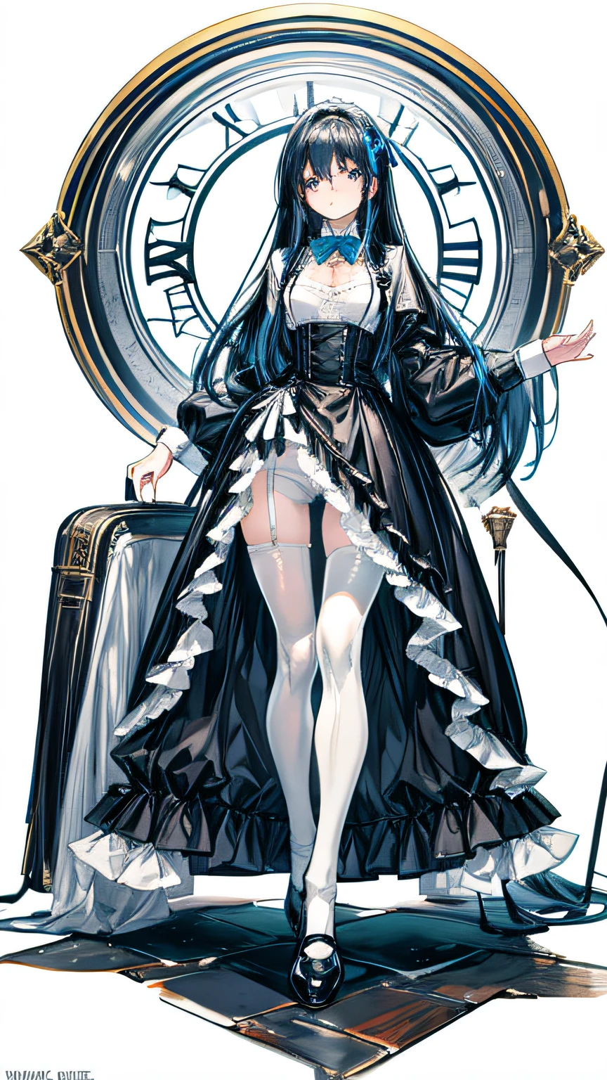 maid，black dress,straight hair,blue hair,long hair,(suspenders),C cup,(white pantyhose),leather shoes,bow tie,stance,blue eyes, disgusted expression,indifferent (lift hem),(expose lace underpants) perfect anatomy, white background, (full body)