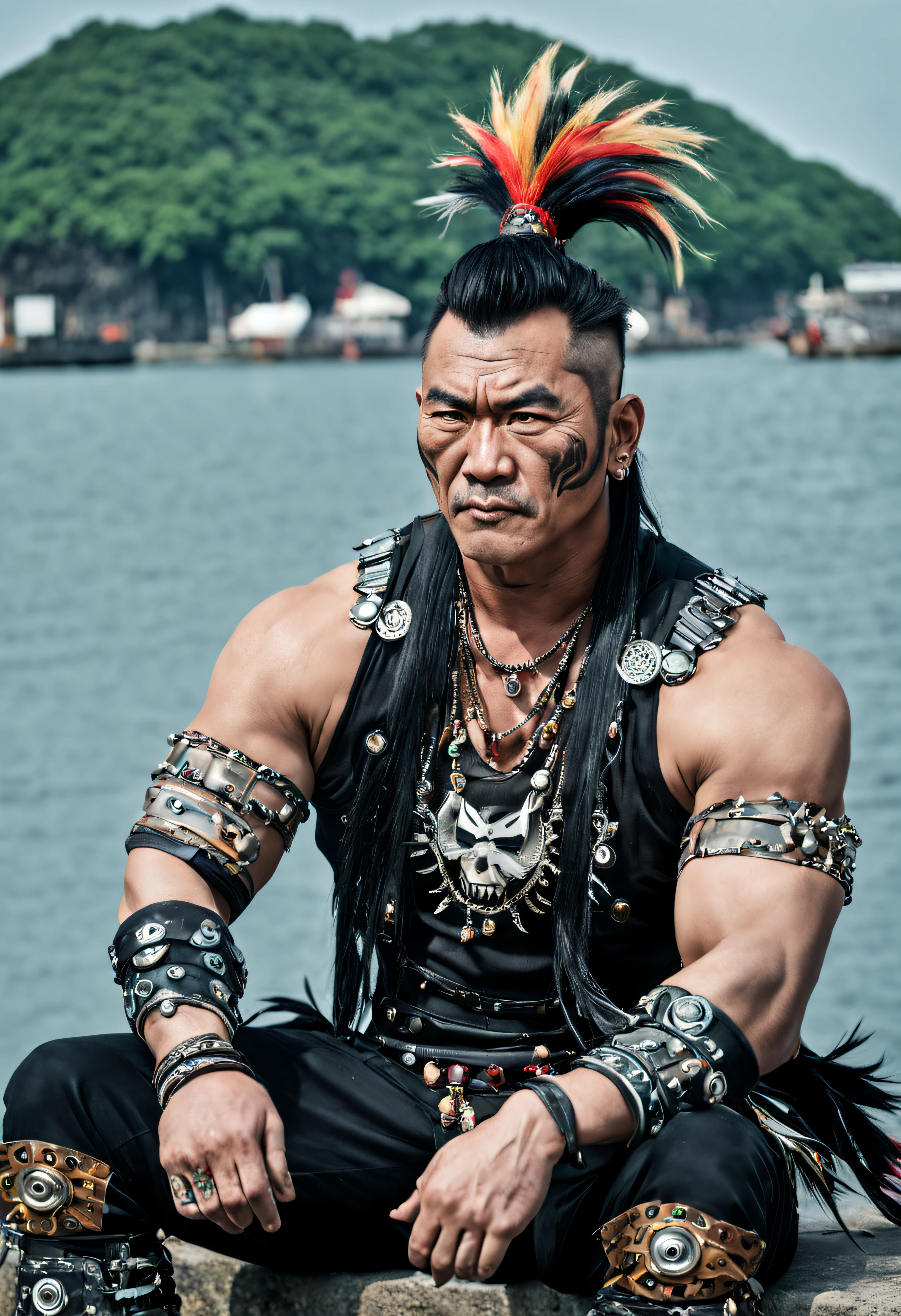 tribal style muscular Cosplayer Father, the Father is Mundane, Sitting in a Waterfront, dressed in Beautiful Vulgar [Punk clothing:Dandong:11], his hair is Arcane, indigenous, ethnic, traditional patterns, bold, natural colors, highly detailed