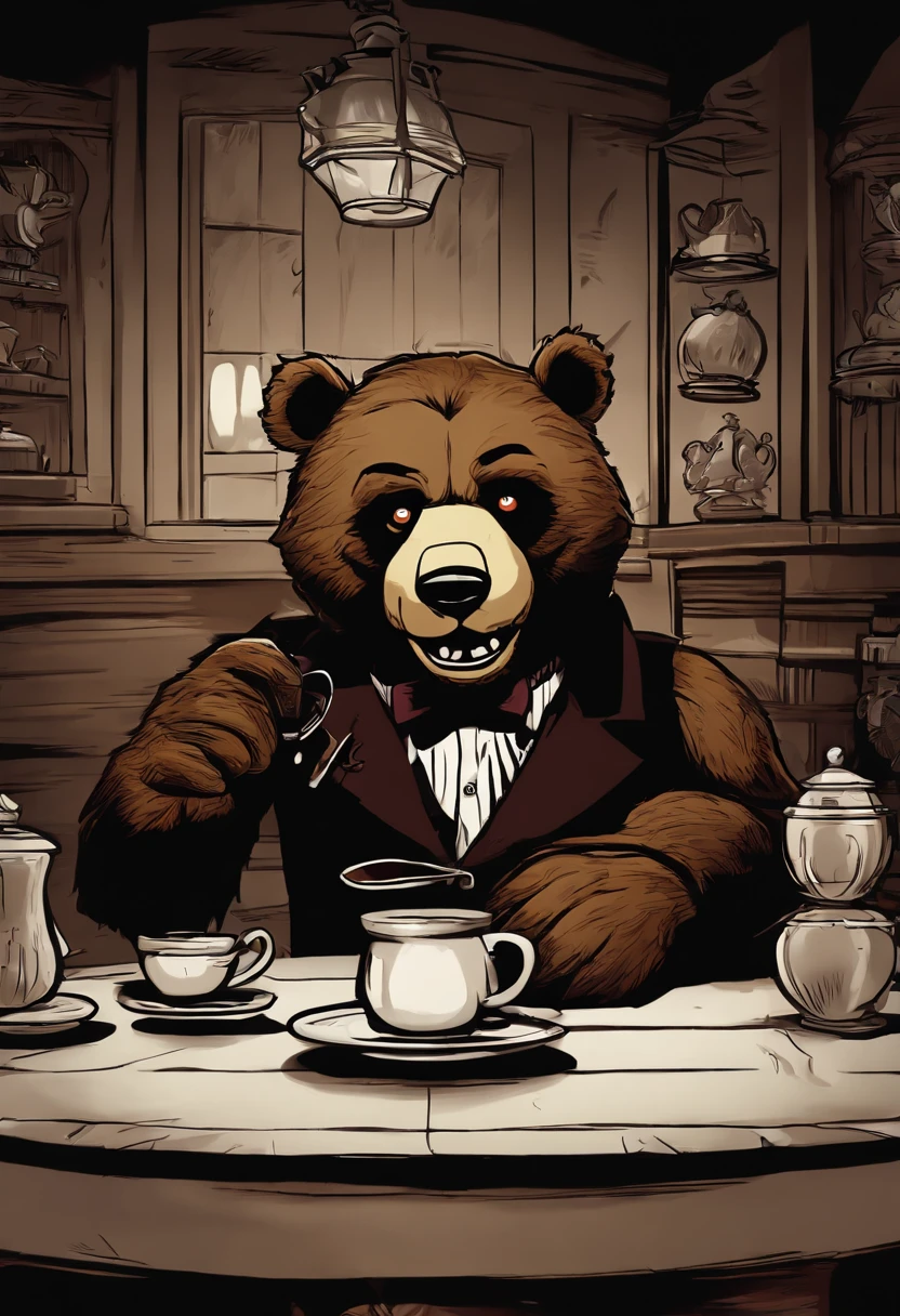 The creepy animatronic bear is sitting at a table in a dimly lit room, holding a teacup with its clawed paw, with a sinister grin on its face.,Five Nights at Freddy's,freddy fazbear
