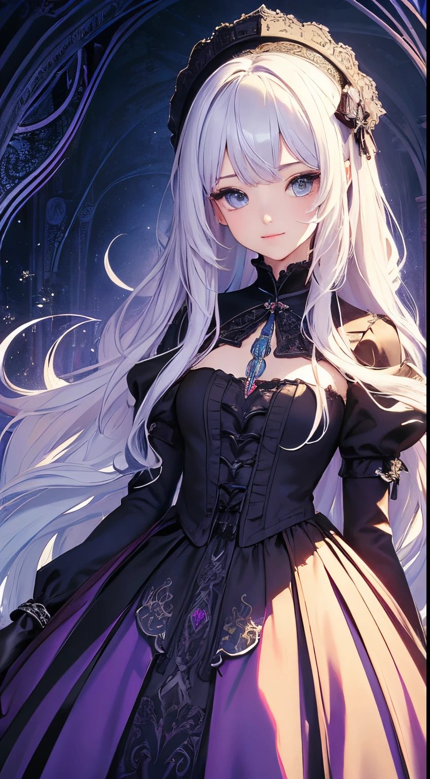 (​masterpiece、top-quality、top-quality、Official art、Beautifully Aesthetic:1.2)、(1womanl)、ighly detailed、(Fractal Art:1.3)、highestdetailed、long wavy white hair、Blue eyes、rounded drooping eyes、Pechapai、Mature beautiful woman、Cool gothic background in dark tones of purple、Gothic Lolita Fashion、Head dress、little smiling