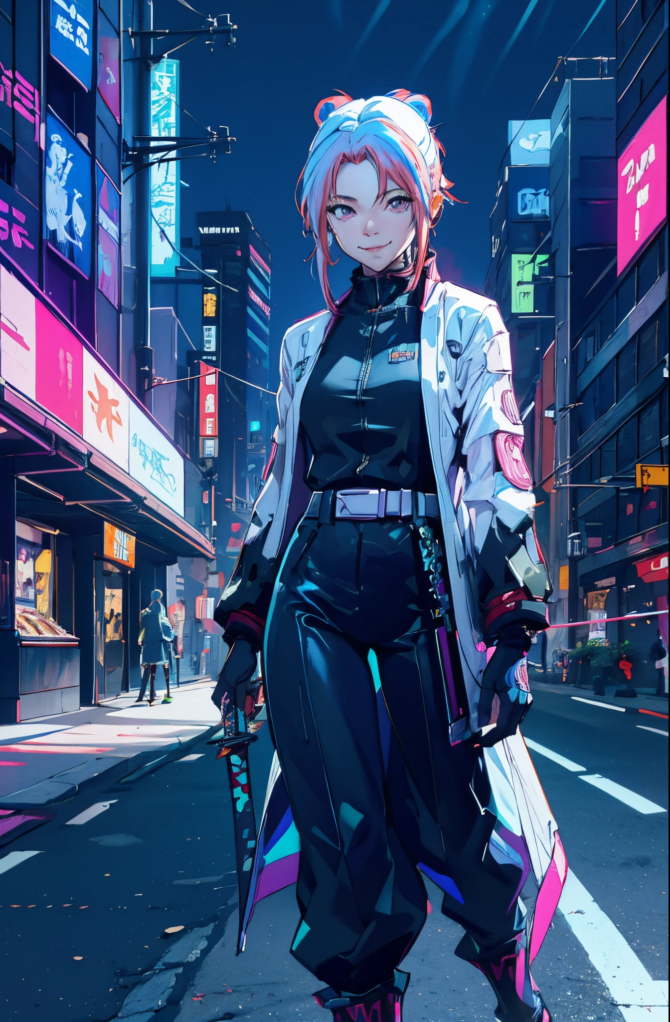 (best quality, masterpiece:1.2), (detailed skin:1.1), cyberpunk, ray tracing, HDR, 1girl, akira costume, unmasking, pink hair, evil smile , katana in hand , withoud background