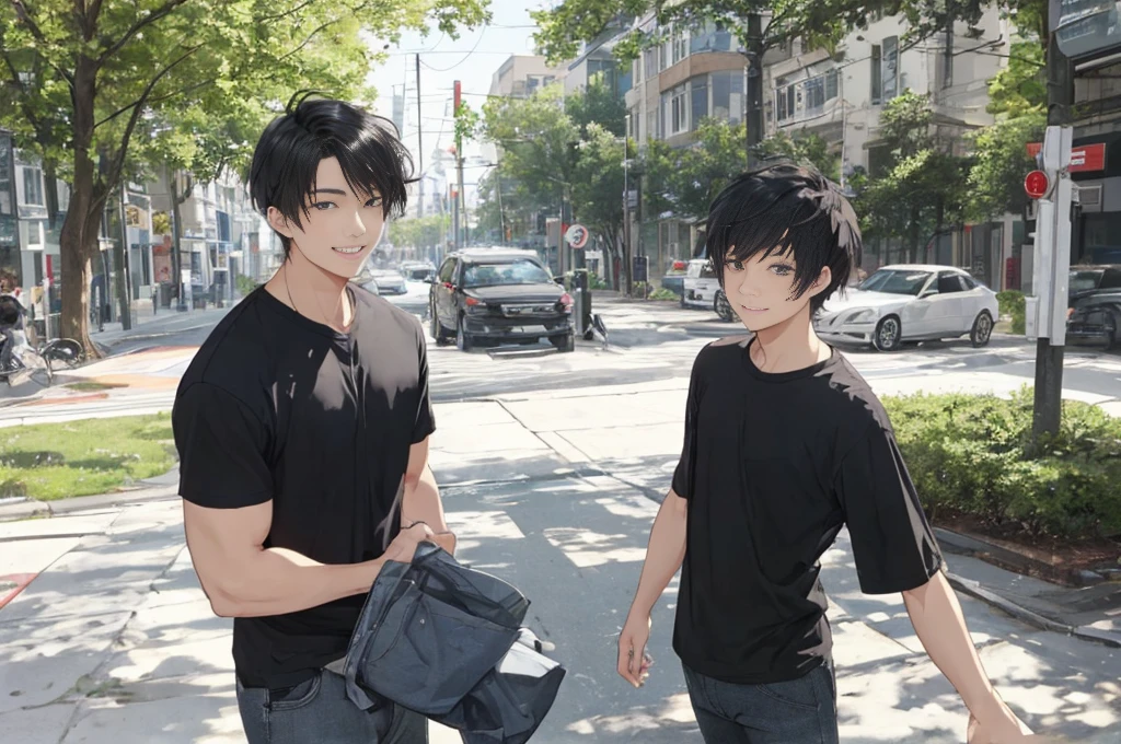 Built man, black shirt, casual clothes, friendly looking, young man, bishonen, pretty face, cute smile, short to medium hair, wolfcut haircut, himbo, on a urban setting with trees around