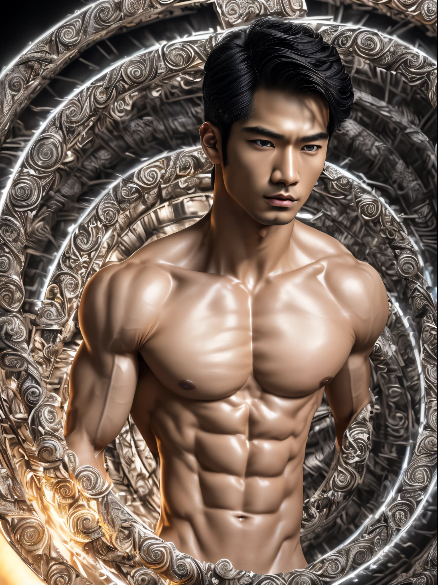 Mind control, (masterpiece, ultra quality, high resolution, 8k, intricate: 1.2), (detailed face:1.2), handsome, Young Korean man ,white skin, double eyelids, detailed skin, 1boy, ((realistic)), abs, good lighting quality, muscle veins, ((pale skin)), (penis:1.2), side view, lust face, (look at spiral on TV:1.3), (viewer pop:1.3)