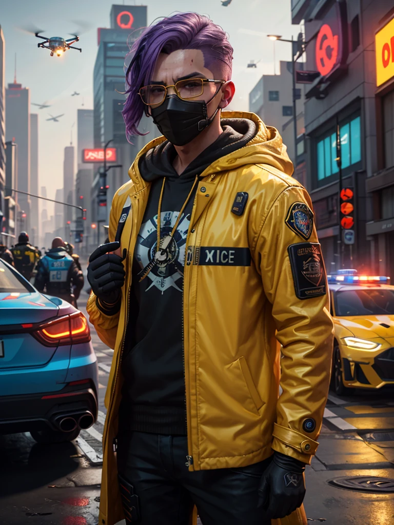 A man in a yellow mask and hood and very shiny gold glasses and purple hair with a scratch on his face and dressed in a yellow coat and red shower and with orange technological gloves and very serious looking at the viewer in a futuristic street square cyberpunk 2077 style and police cars in the background and holographic advertisements of robots and drones flying in the sky with weapons