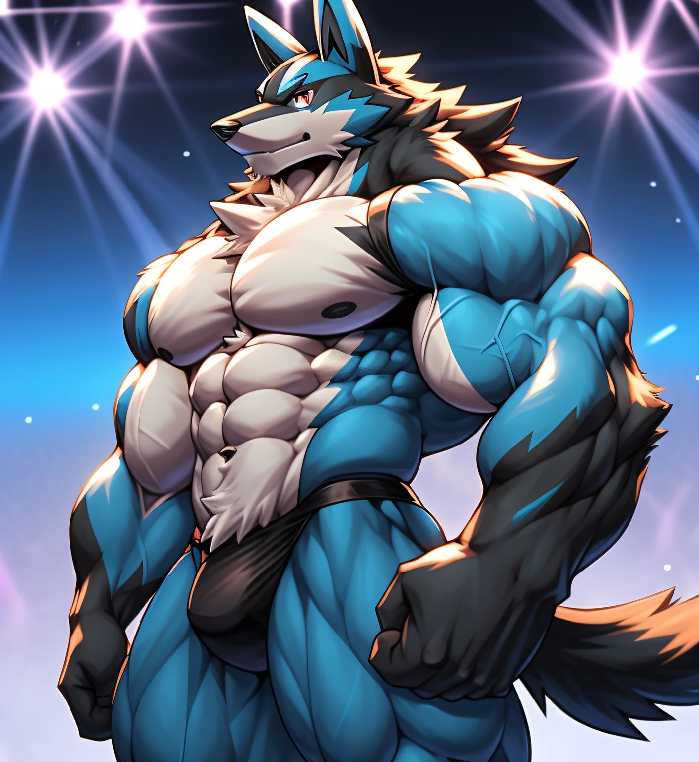 (Pokémon) A Lucario at the bodybuilding competition, on stage with other Lucario bodybuilders at his side, wearing a tiny thong (metallic color: jet black thong) massive, huge muscular bodybuilder with extraordinary biceps, pecs, triceps, traps, waist narrow, gigachad