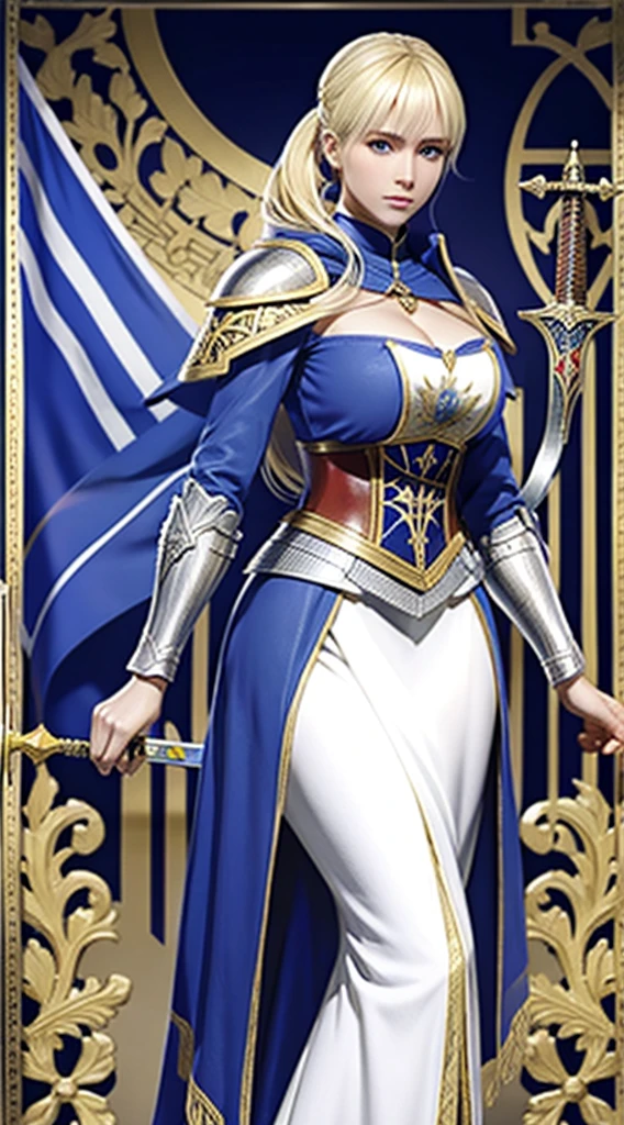 A blonde caucasian woman wearing medieval European armor stands with a sword in one hand、A peerless beauty with a slender yet well-proportioned body、A flag with a coat of arms is flying