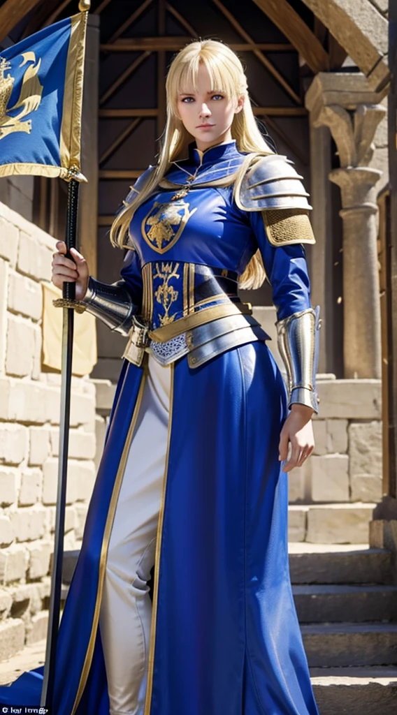 A blonde caucasian woman wearing medieval European armor stands with a sword in one hand、A peerless beauty with a slender yet well-proportioned body、A flag with a coat of arms is flying