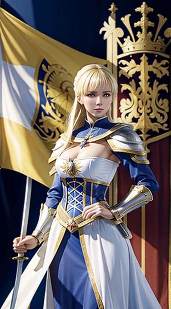A blonde caucasian woman wearing medieval European armor stands with a sword in one hand、A peerless beauty with a slender yet well-proportioned body、A flag with a coat of arms is flying