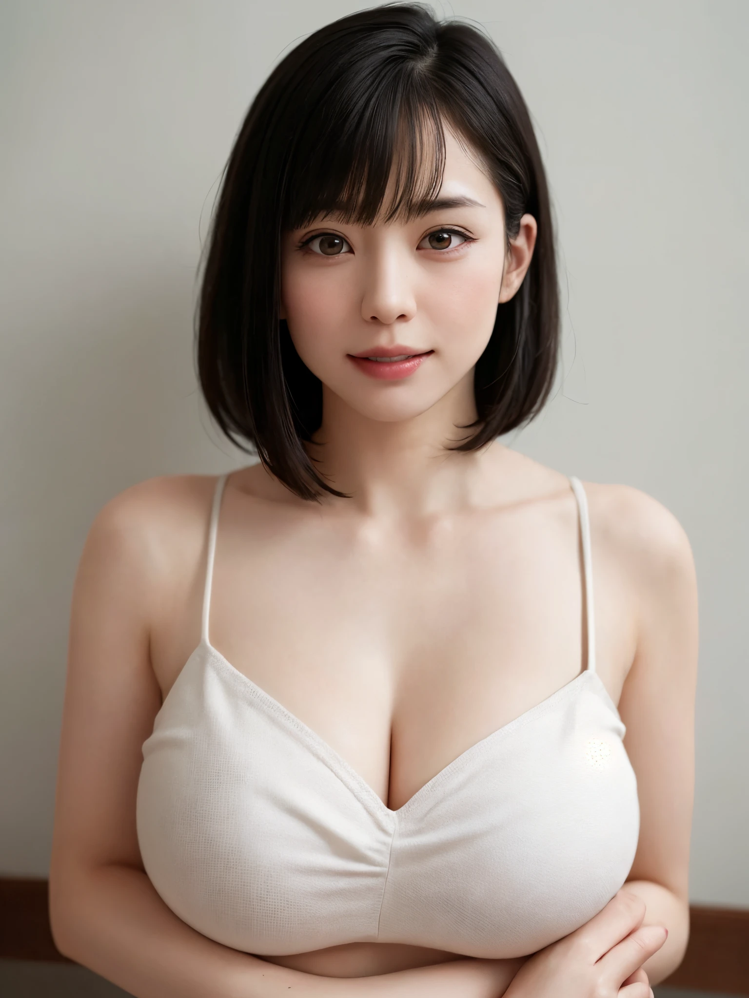 (Beautiful girl gravure idol with big breasts wearing white bikini swimsuit with black hair color:1.3), (short hairstyle:1.3), (constricted waist:1.3)