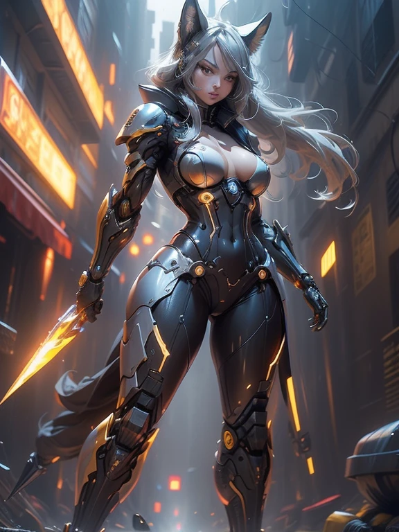 (masterpiece), (best quality:1.4), (perfect anatomy:1.4), high quality, expressive eyes, full body, tall girl, detailed face, beautiful face, perfect face, breasts, cleavage, gloves, huge breasts, cyberpunk, (black armor), long hair, ((tanned skin)), straight hair, detailed (ash gray hair), detailed eyes, (yellow eyes), fox ears, fox tail, hourglass physique, bodysuit, thick thighs, toned, emblem, superhero, dynamic lighting, 4k resolution, dynamic pose, cover, mecha musume, fortified suit, mechanical parts, headgear, robot joints, bodysuit, deva battle suit, glove