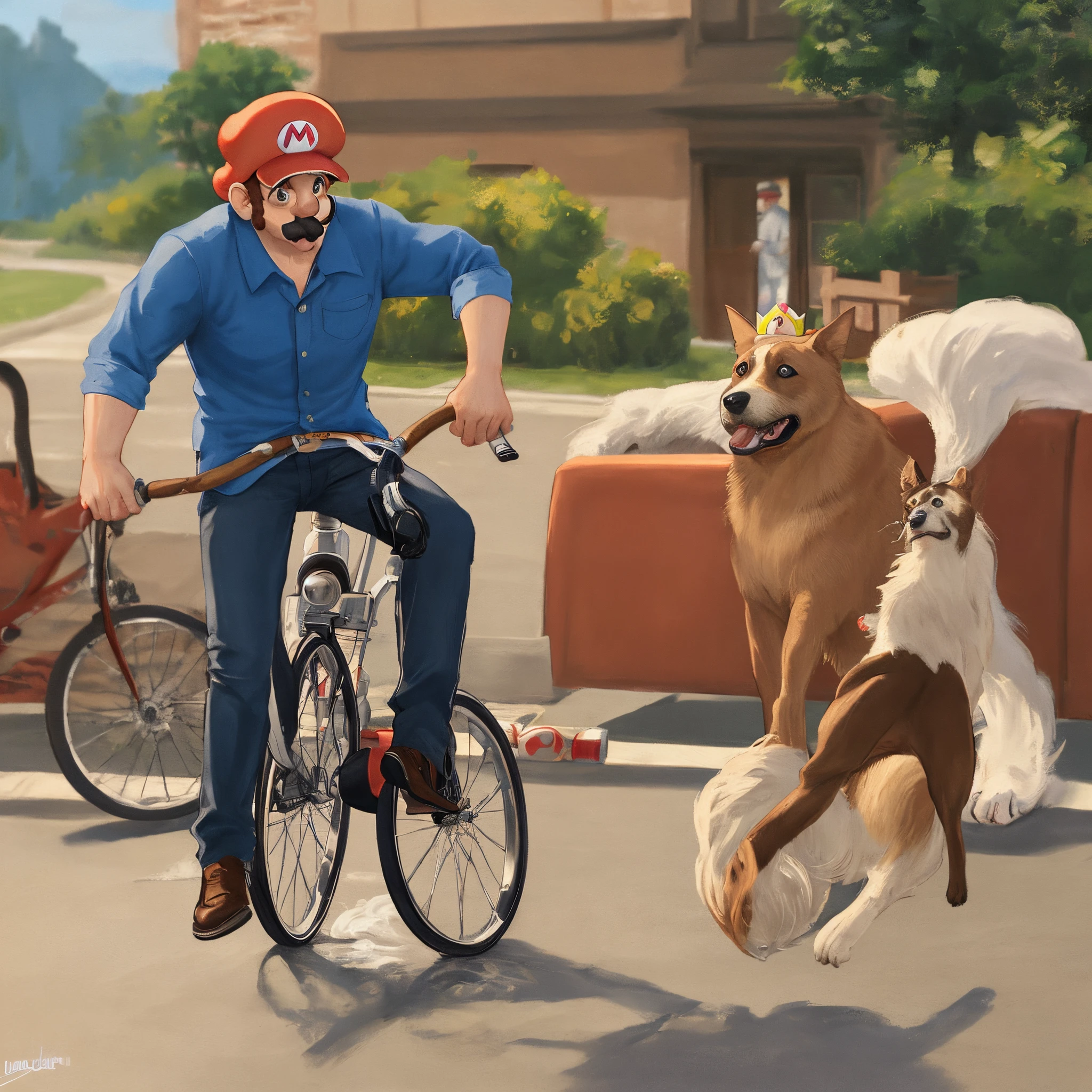 Mario rides a unicycle, smokes a cigar and chases a dog
