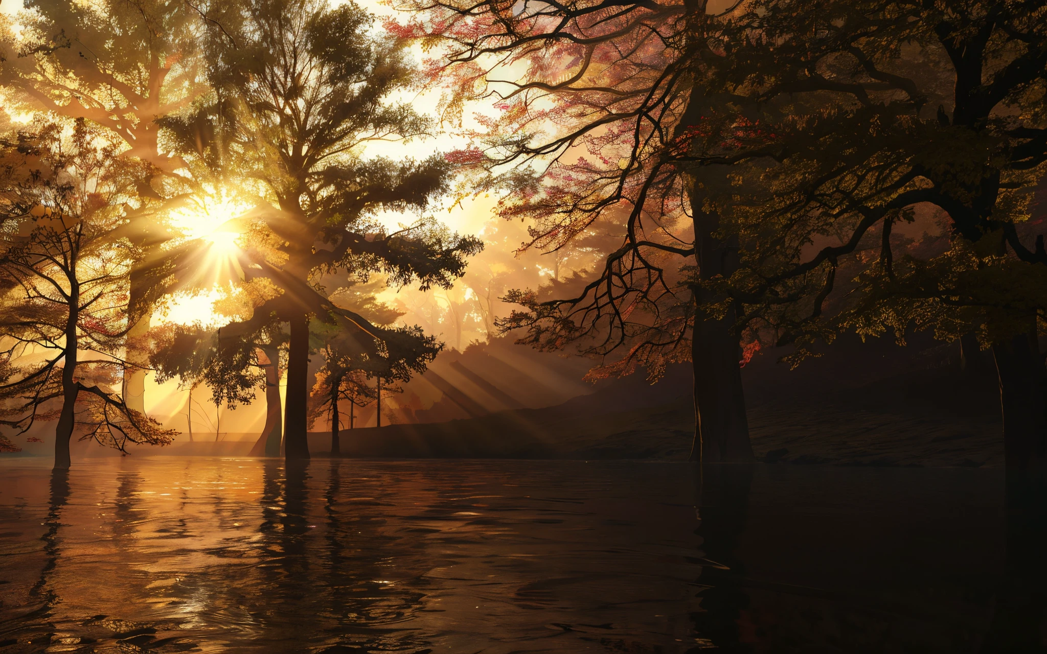 Trees in a flooded area with the sun shining through the trees., autumn tranquility, autumn sunrise warm light, foggy volumetric light morning, warm beautiful scene, Hermoso render de un paisaje, melancholy autumn light, At sunset in autumn, mystical forest lagoon, Autumn sunset, the morning river, soft autumn sunlight, in an autumn forest in the afternoon, A mystical misty glow