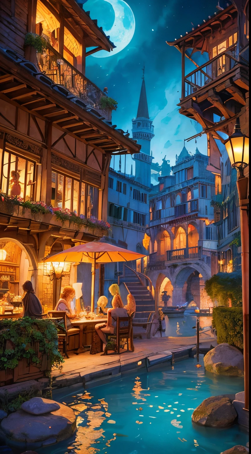Isometric: Some heavenly beautiful tinkerbells, tiny kobolds in a bustling medieval marketplace in a lagoon lane, illuminated by the warm glow of the open hearth and the spinning skewer of freshly cooked treats. In Venice. Majestic Moonlit. Vivid colors. Lush. In the style of Josephine Wall and Boris Vallejo.