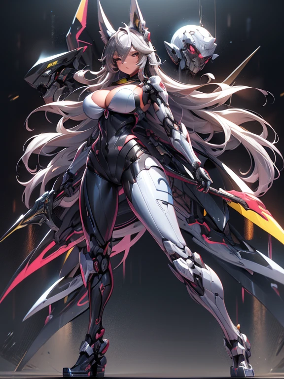 (masterpiece), (best quality:1.4), (perfect anatomy:1.4), high quality, expressive eyes, full body, tall girl, detailed face, beautiful face, perfect face, breasts, cleavage, gloves, huge breasts, cyberpunk, (black armor), long hair, ((tanned skin)), straight hair, detailed (ash gray hair), detailed eyes, (yellow eyes), fox ears, fox tail, hourglass physique, bodysuit, thick thighs, toned, emblem, superhero, dynamic lighting, 4k resolution, dynamic pose, cover, mecha musume, fortified suit, mechanical parts, headgear, robot joints, bodysuit, deva battle suit, glove
