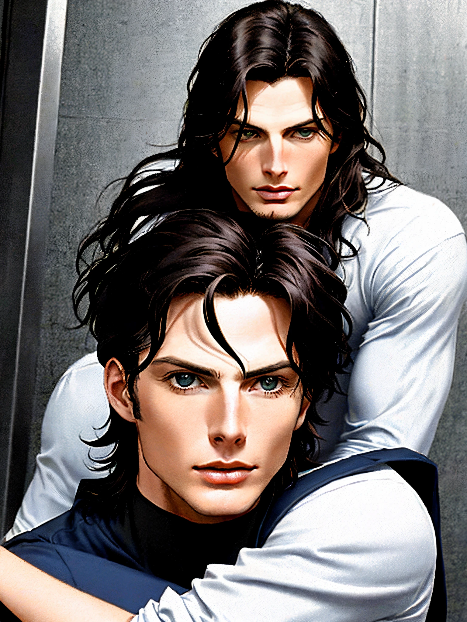 Crie uma imagem um homem semelhante ao Christopher Reeve. cabelos curto e preto. Barba por fazer.