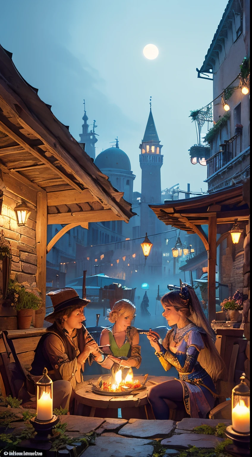 Isometric: Some heavenly beautiful tinkerbells, tiny kobolds in a bustling medieval marketplace in a lagoon lane, illuminated by the warm glow of the open hearth and the spinning skewer of freshly cooked treats. In Venice. Majestic Moonlit. Vivid colors. Lush. In the style of Josephine Wall and Boris Vallejo.